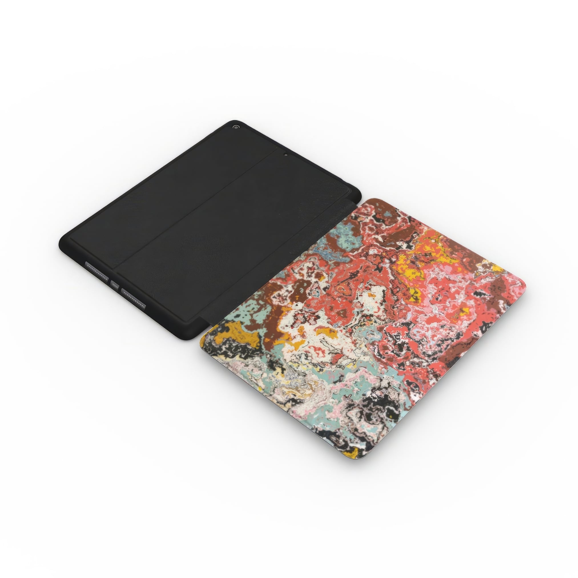 iPad case side extend view; Earth in Flux 1 pattern, artistic, abstract marble pattern. Brown and brick red color combination. 