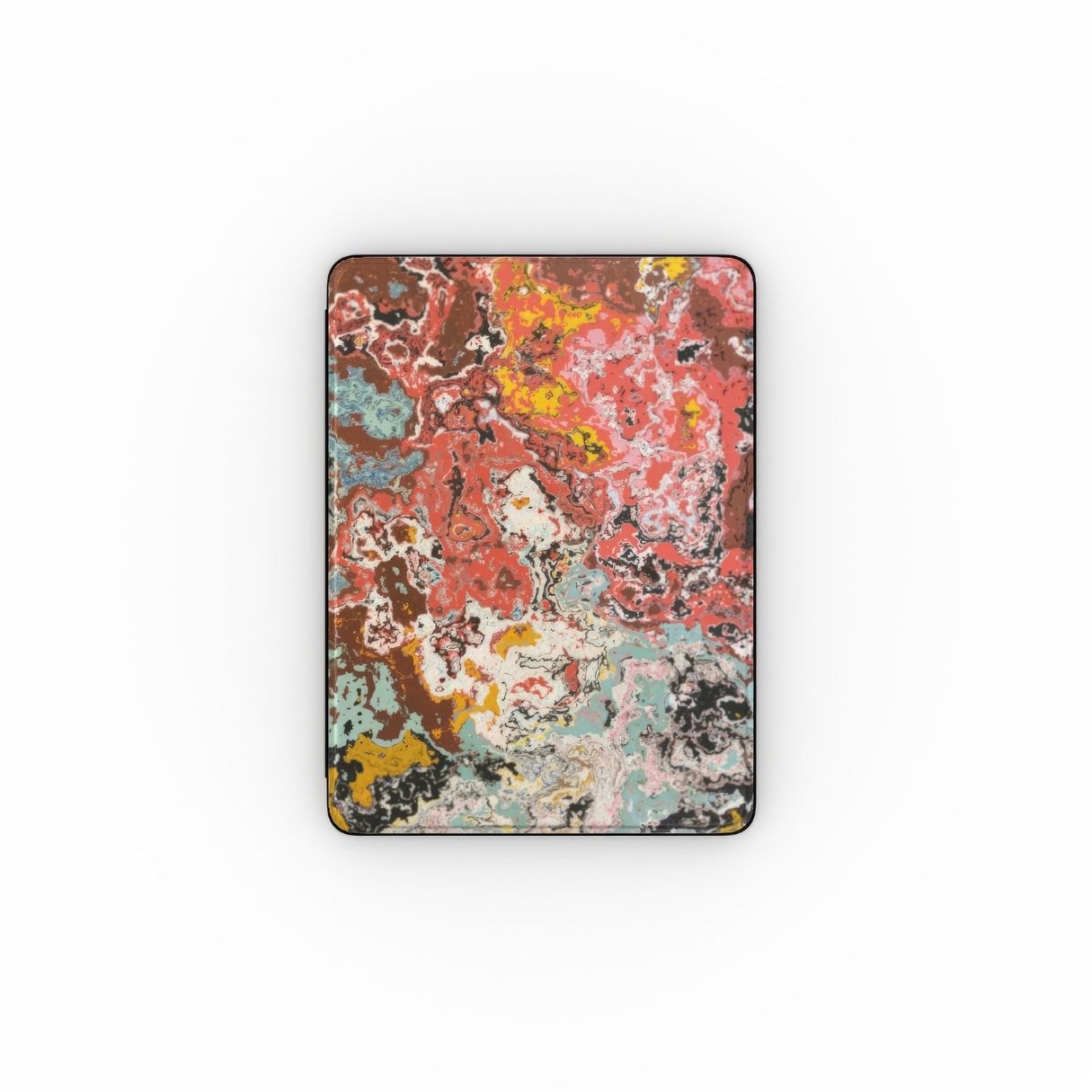 iPad case front view; Earth in Flux pattern, artistic, abstract marble pattern. Brown and brick red color combination. Bold expressive aesthetic design. Colorful and interior fit.