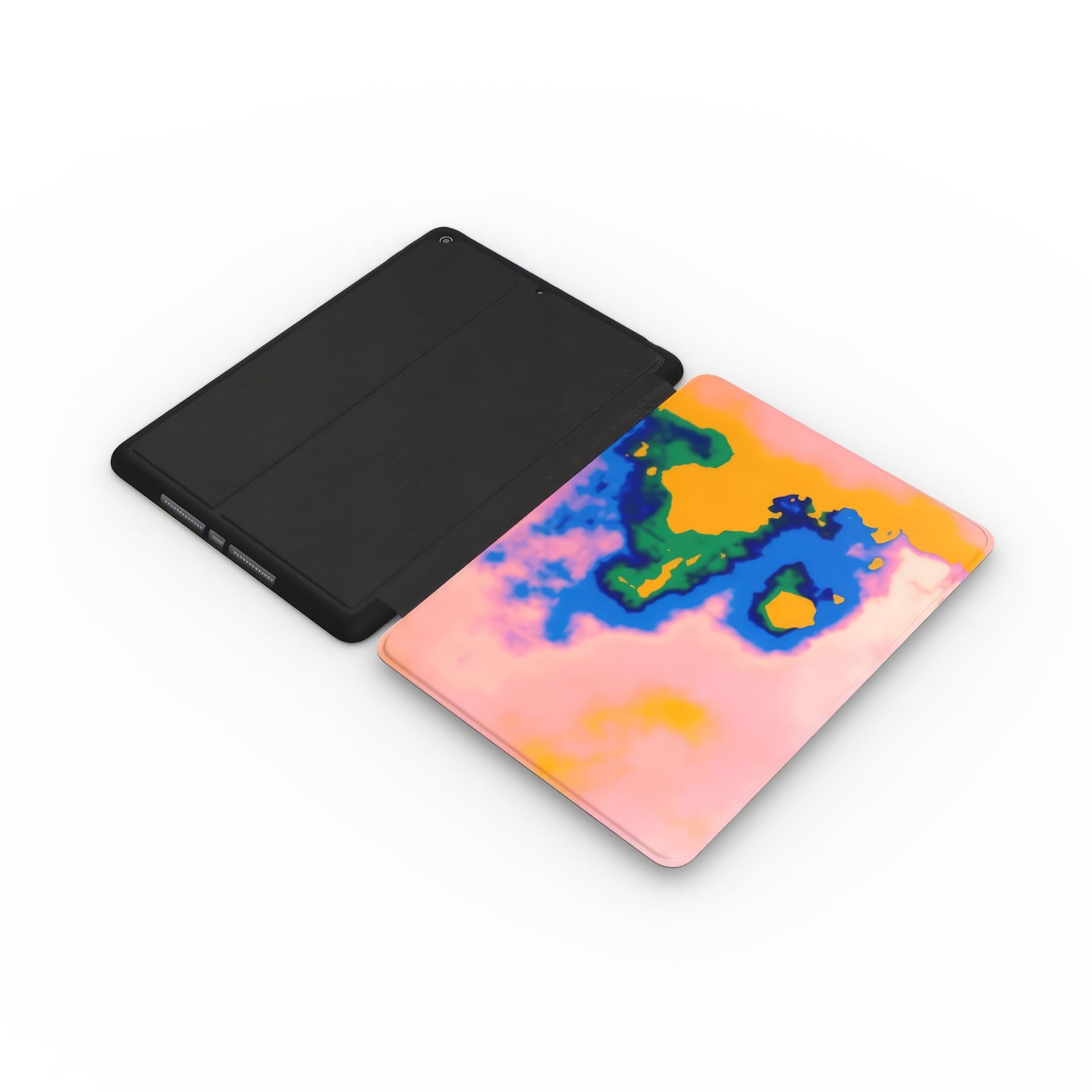 iPad case side extend view; Electricity pattern, artistic, abstract marble pattern. Green, orange and blue color combination. 