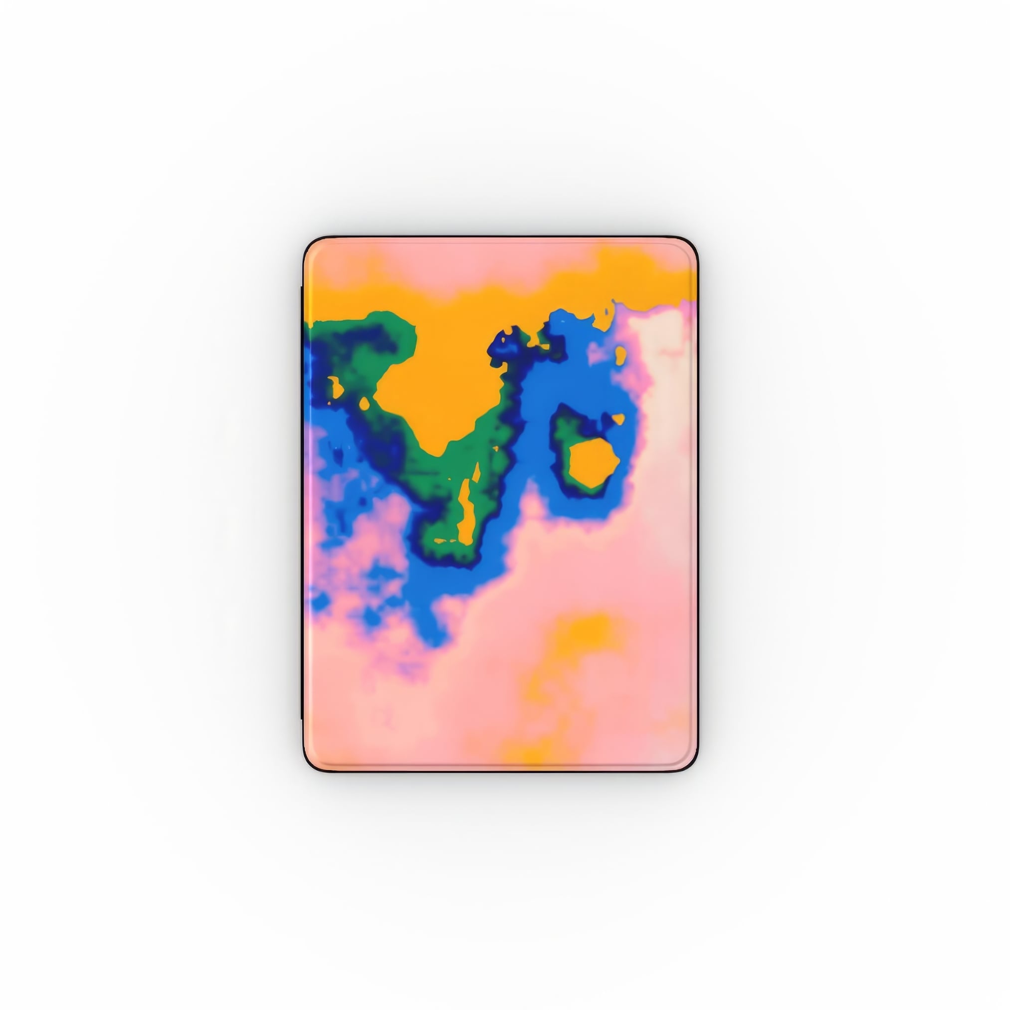 iPad case front view; Electricity pattern, artistic, abstract marble pattern. Green, orange and blue color combination. Bold expressive aesthetic design. Colorful and interior fit.