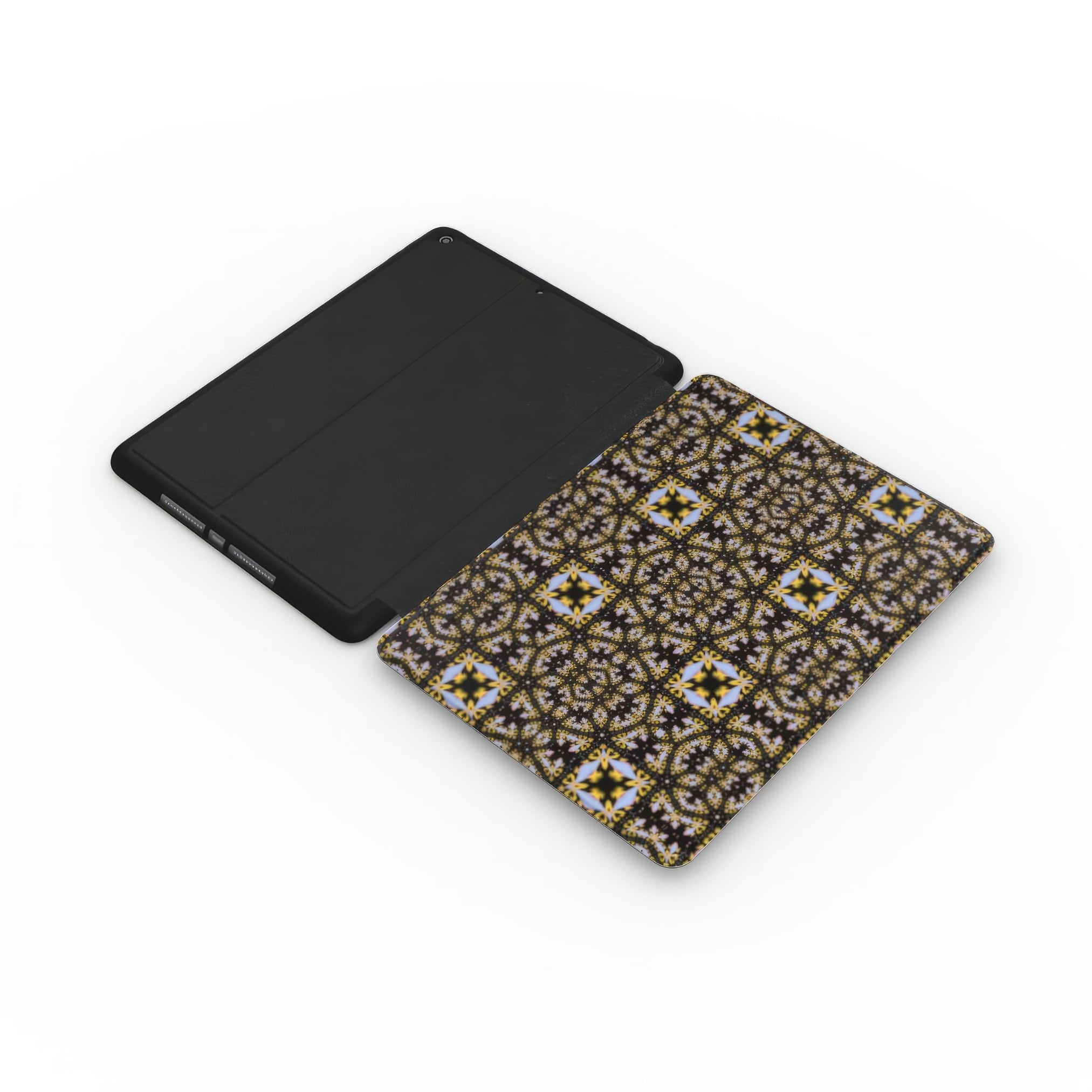 iPad case Fleurs Du Jardin 1 pattern with geometric design, featuring an elegant and expressive aesthetic shape. Main colors are blue, yellow and dark purple. Extend view.