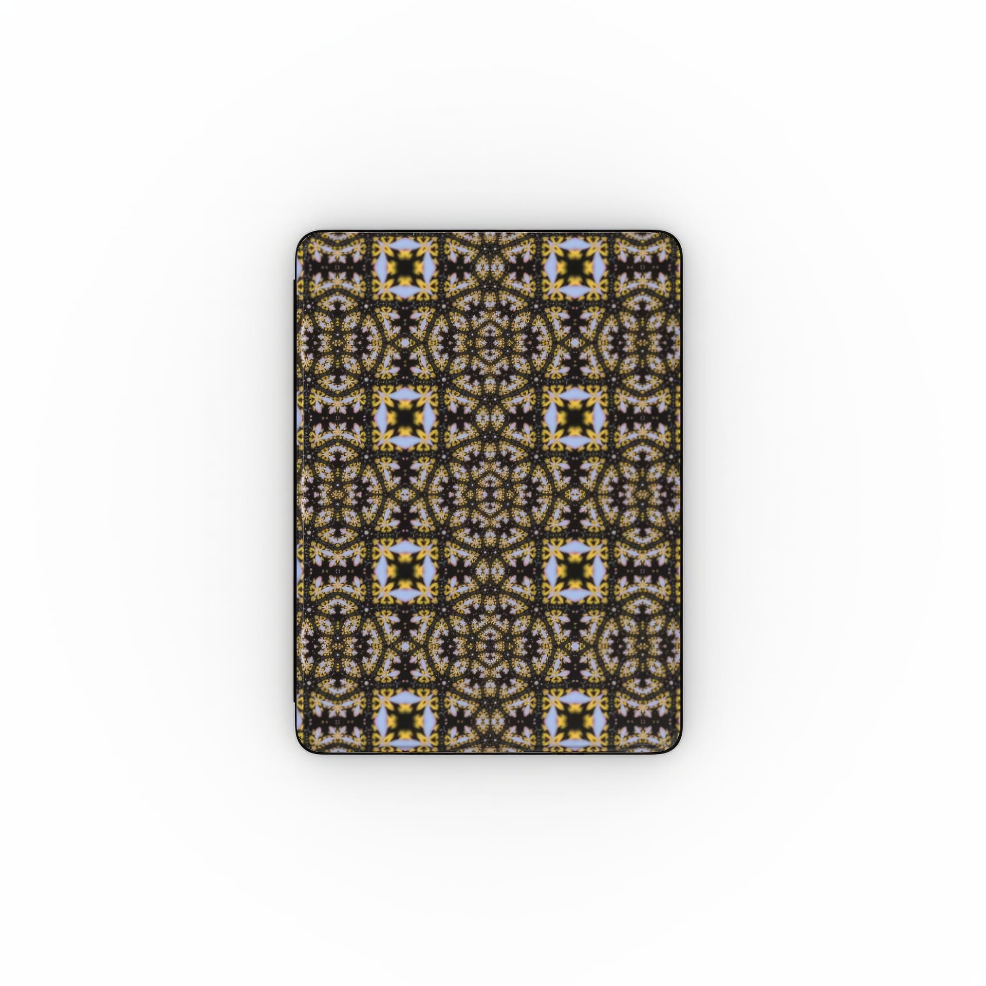 iPad case Fleurs Du Jardin 1 pattern with geometric design, featuring an elegant and expressive aesthetic shape. Main colors are blue, yellow and dark purple. Front view.