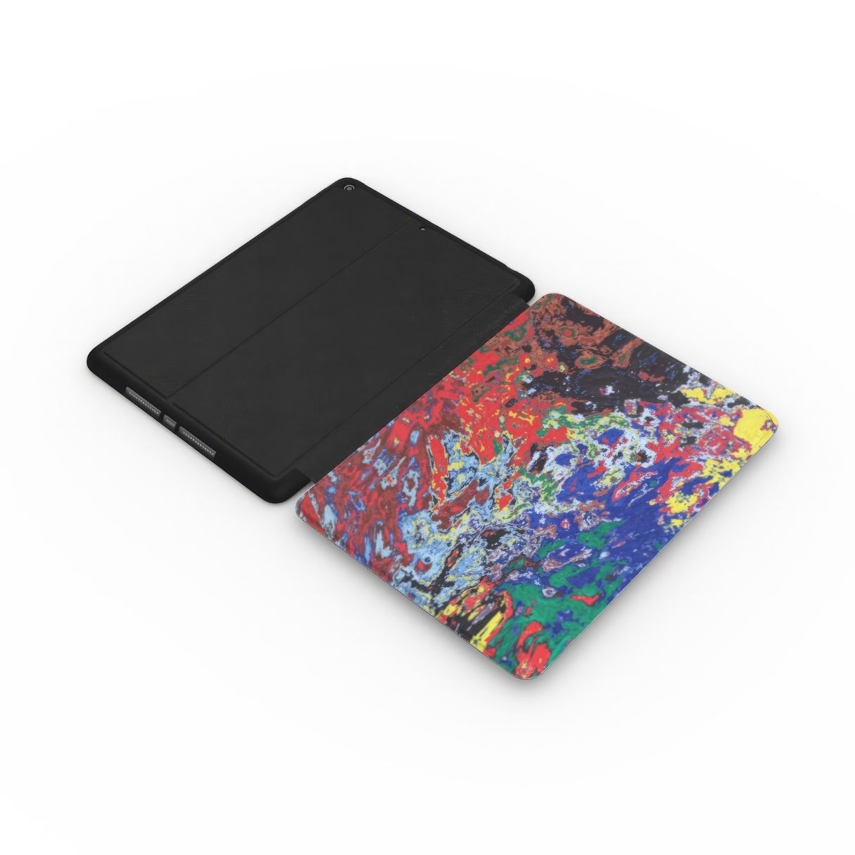 iPad case with a bold vivid pattern Graffiti Pulse abstract and artistic style, featuring an elegant and expressive aesthetic design. Main colors are red, blue, black and yellow. Side extend view.