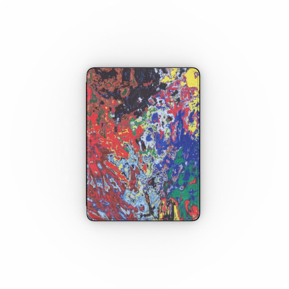 iPad case with a bold vivid pattern Graffiti Pulse abstract and artistic style, featuring an elegant and expressive aesthetic design. Main colors are red, blue, black and yellow. Front view.