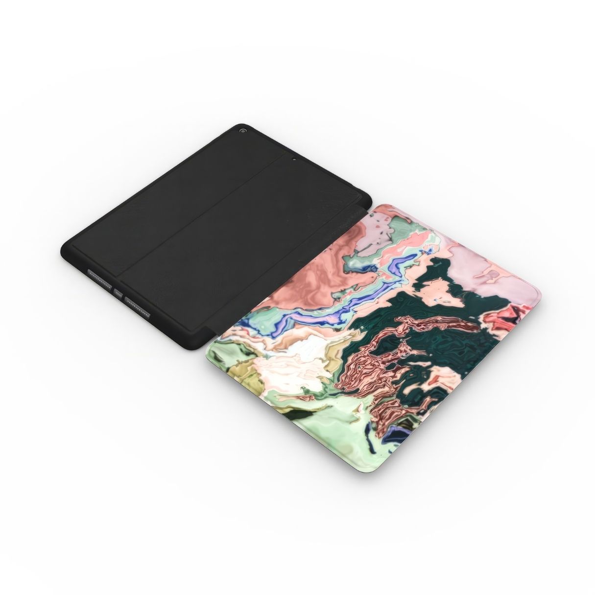 iPad case with a bold vivid pattern Green Not Grass abstract and artistic style, featuring an elegant and expressive aesthetic design. Main colors are green and pink hues. Extend side view.