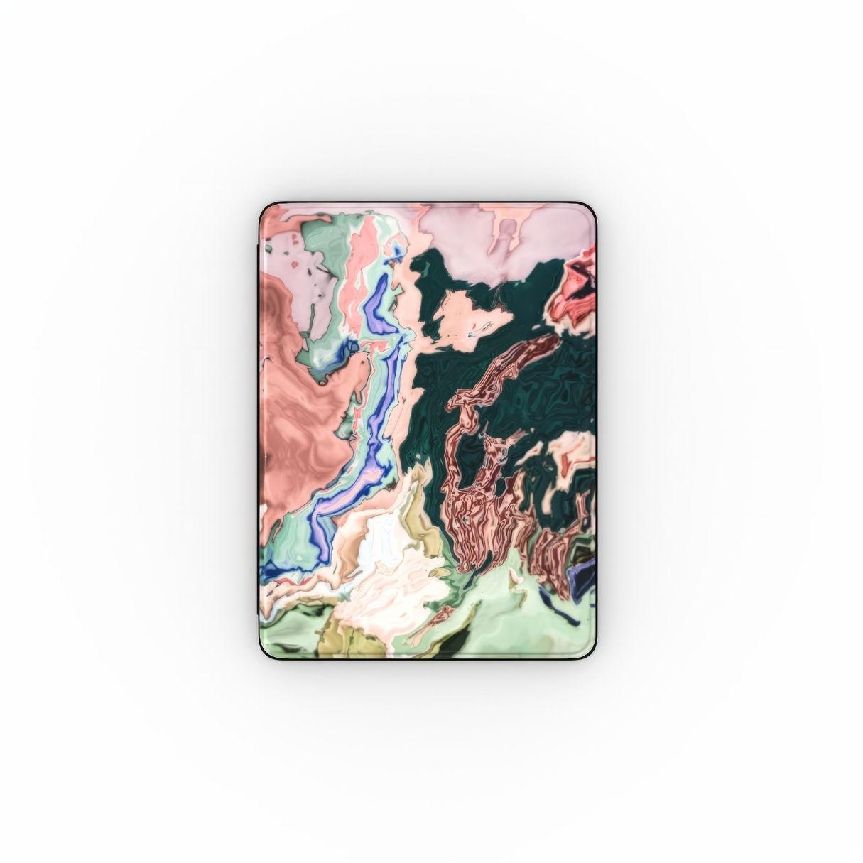 iPad case with a bold vivid pattern Green Not Grass abstract and artistic style, featuring an elegant and expressive aesthetic design. Main colors are green and pink hues. Front view.