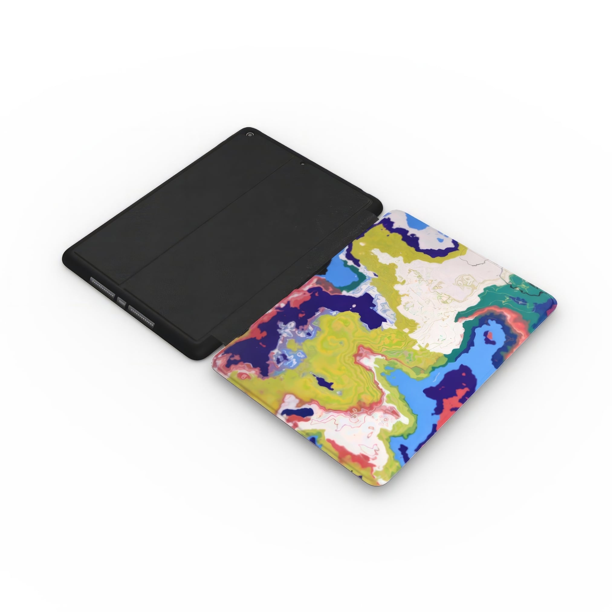 iPad case side extend view; Jamaica pattern, artistic, abstract marble pattern. Dark blue, yellow and white color combination.