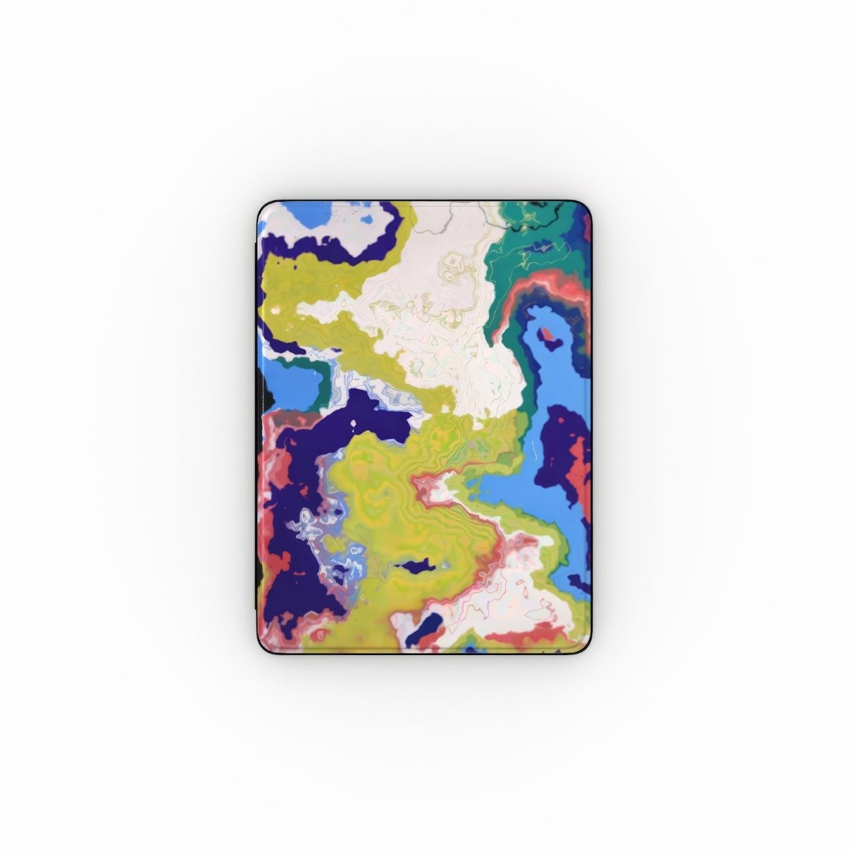 iPad case front view; Jamaica pattern, artistic, abstract marble pattern. Dark blue, yellow and white color combination. Bold expressive aesthetic design.