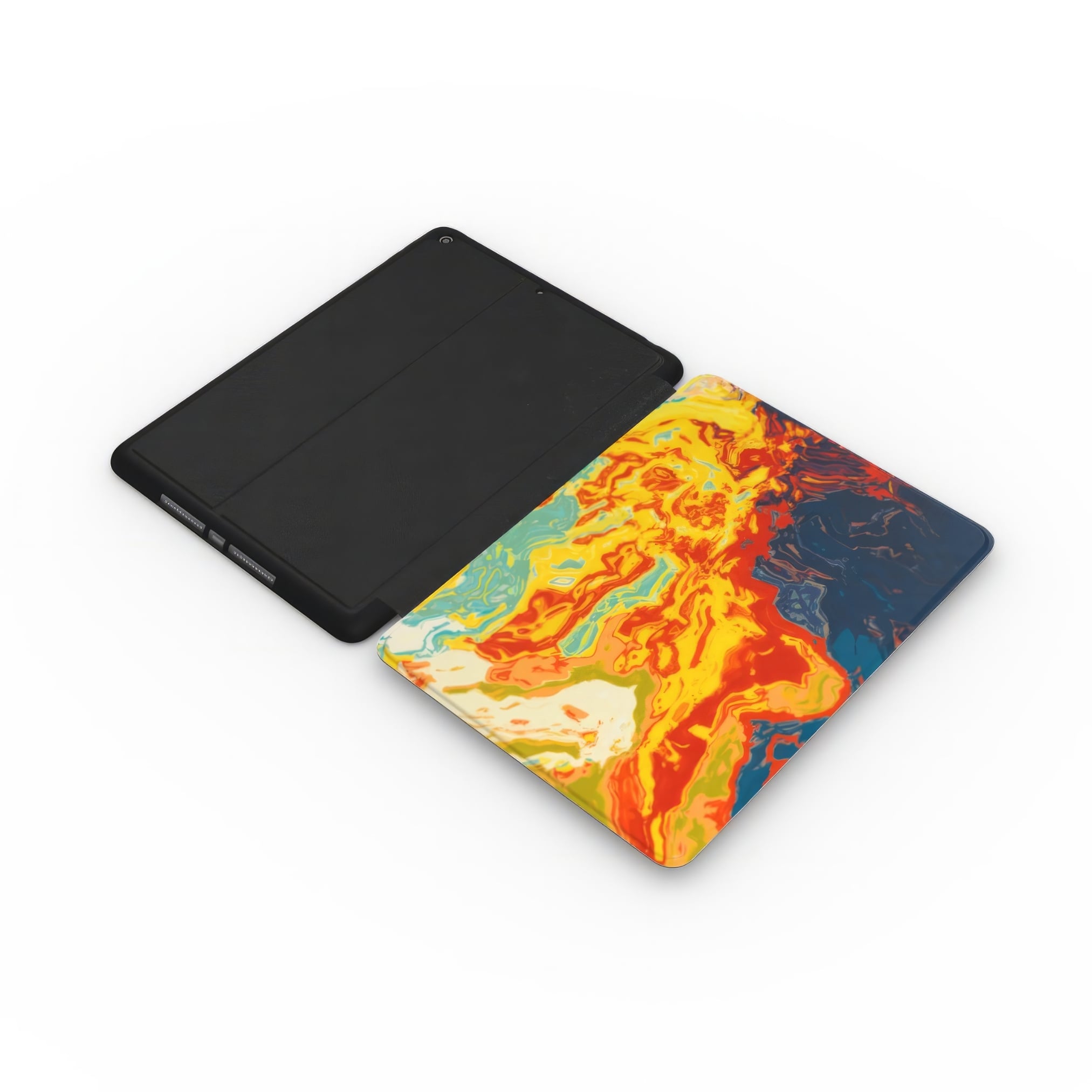 iPad case with a bold vivid pattern in marble abstract and artistic style, featuring an elegant and expressive aesthetic design. Main colors are navy deep blue, rich yellow, red and marine blue. Extend side view.