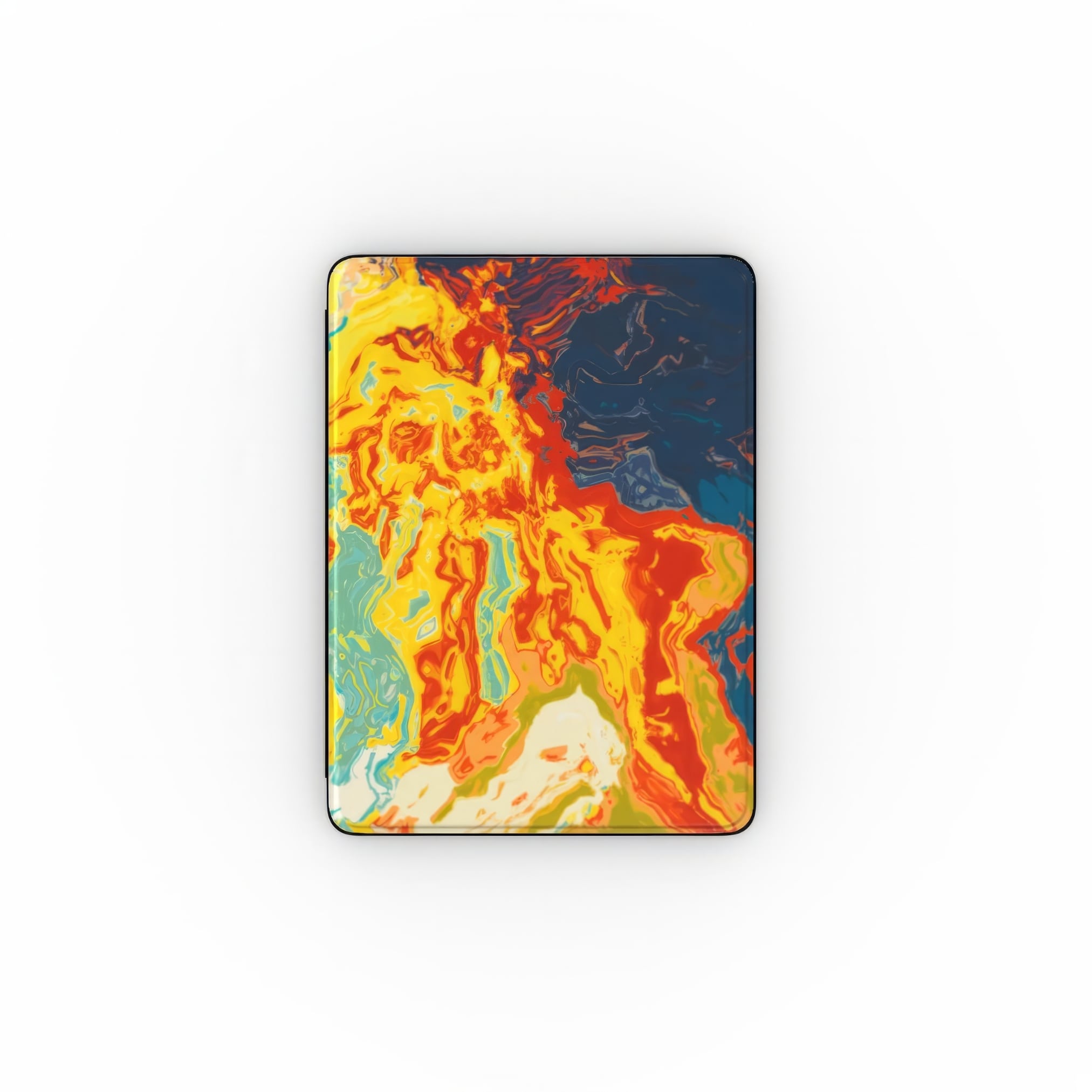 iPad case with a bold vivid pattern in marble abstract and artistic style, featuring an elegant and expressive aesthetic design. Main colors are navy deep blue, rich yellow, red and marine blue. Front view.