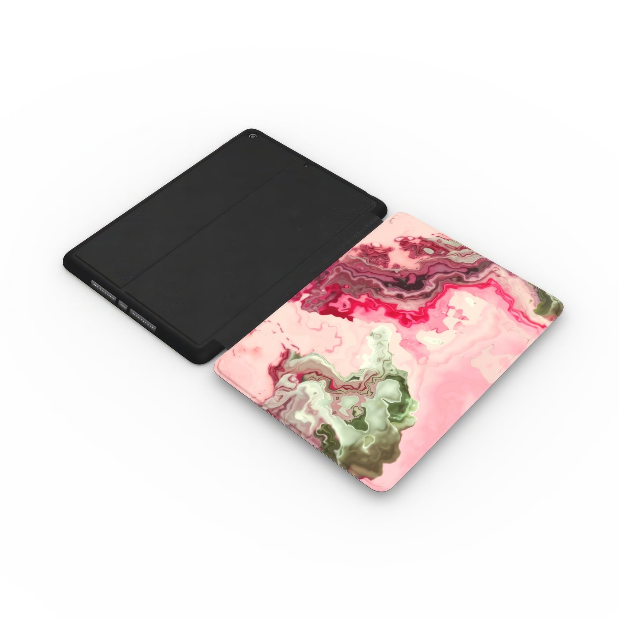 iPad case with a bold vivid pattern Like Flamingo 1 in marble abstract and artistic style, featuring an elegant and expressive aesthetic design. Main colors are pink and green. Extend view.