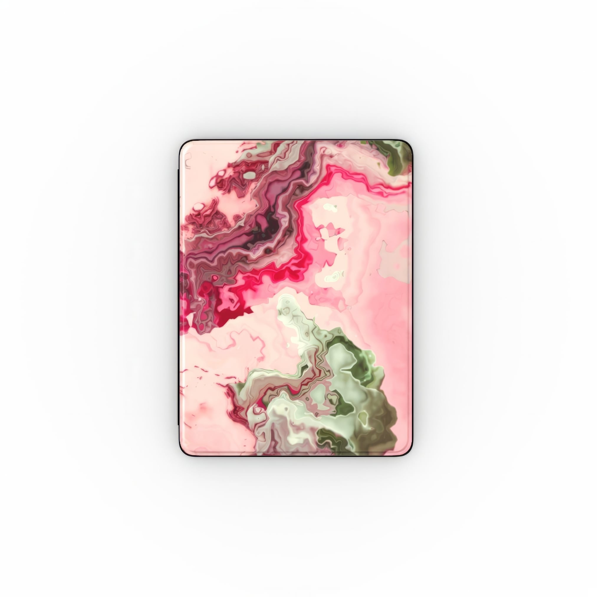 iPad case with a bold vivid pattern Like Flamingo 1 in marble abstract and artistic style, featuring an elegant and expressive aesthetic design. Main colors are pink and green. Front view.