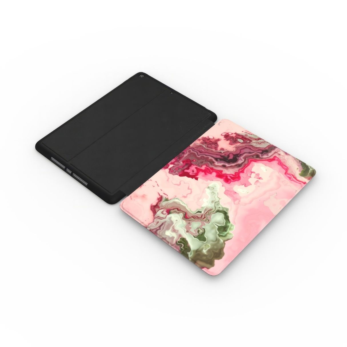 iPad case with a bold vivid pattern Like Flamingo in marble abstract and artistic style, featuring an elegant and expressive aesthetic design. Main colors are pink and green. Extend view.