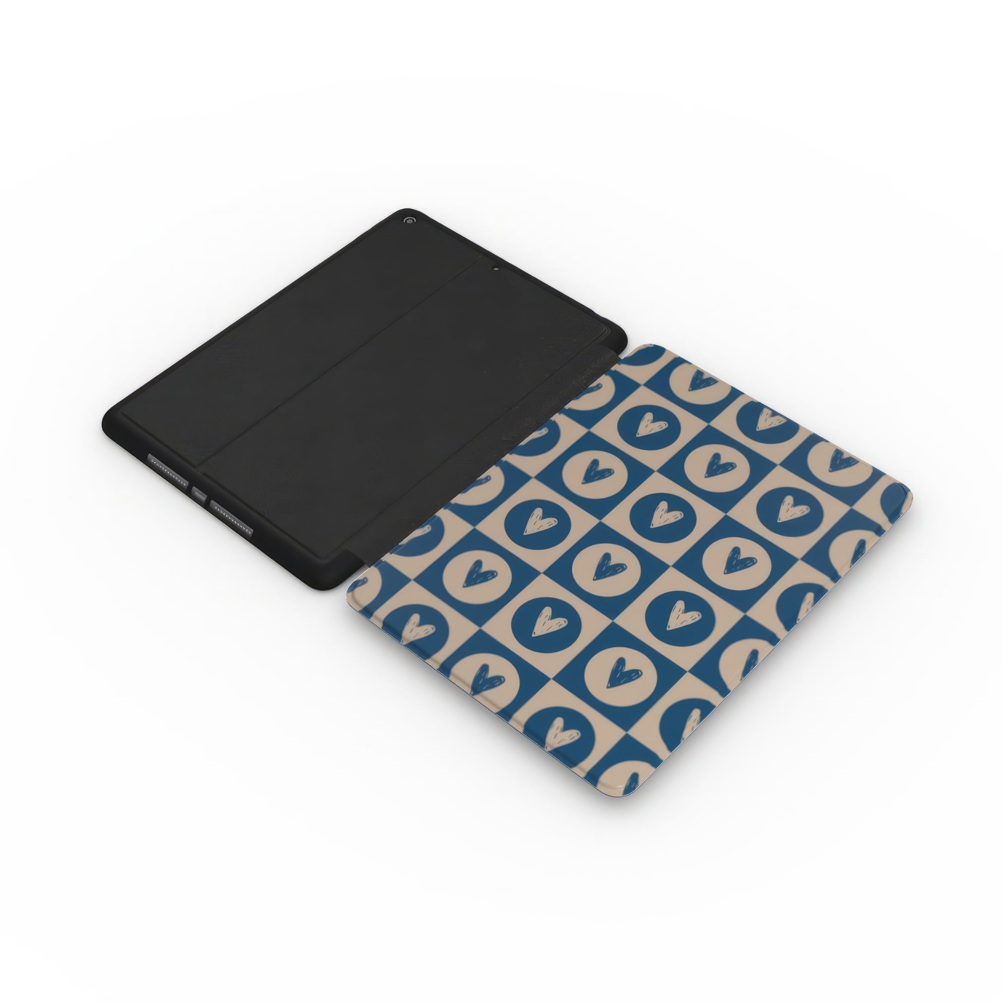 iPad case LovDot Blue pattern design with a dynamic geometric symmetry in heart and dot style, featuring an elegant and expressive aesthetic design. Main colors are steel blue and light brown. Extend view.