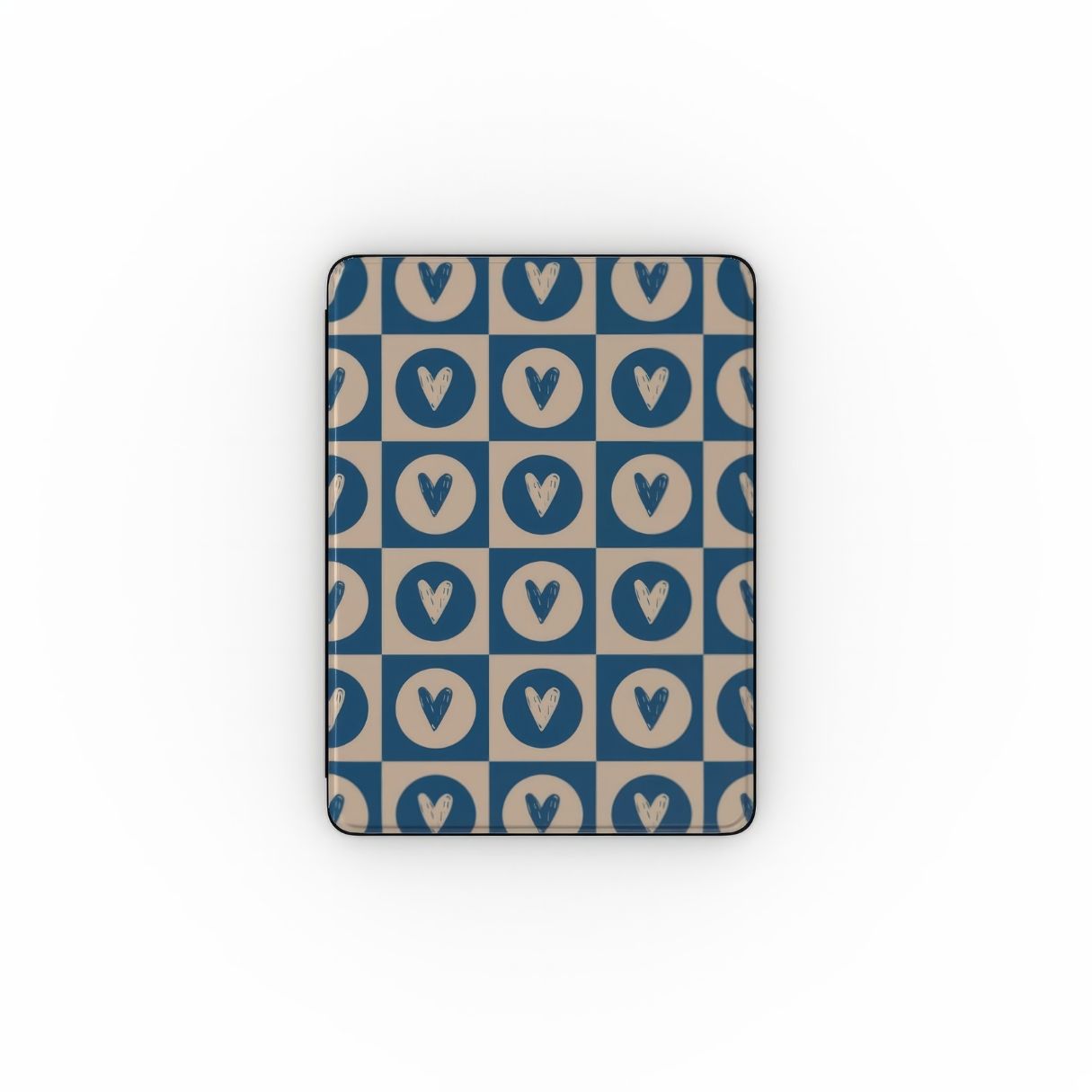 iPad case LovDot Blue pattern design with a dynamic geometric symmetry in heart and dot style, featuring an elegant and expressive aesthetic design. Main colors are steel blue and light brown. Front view.