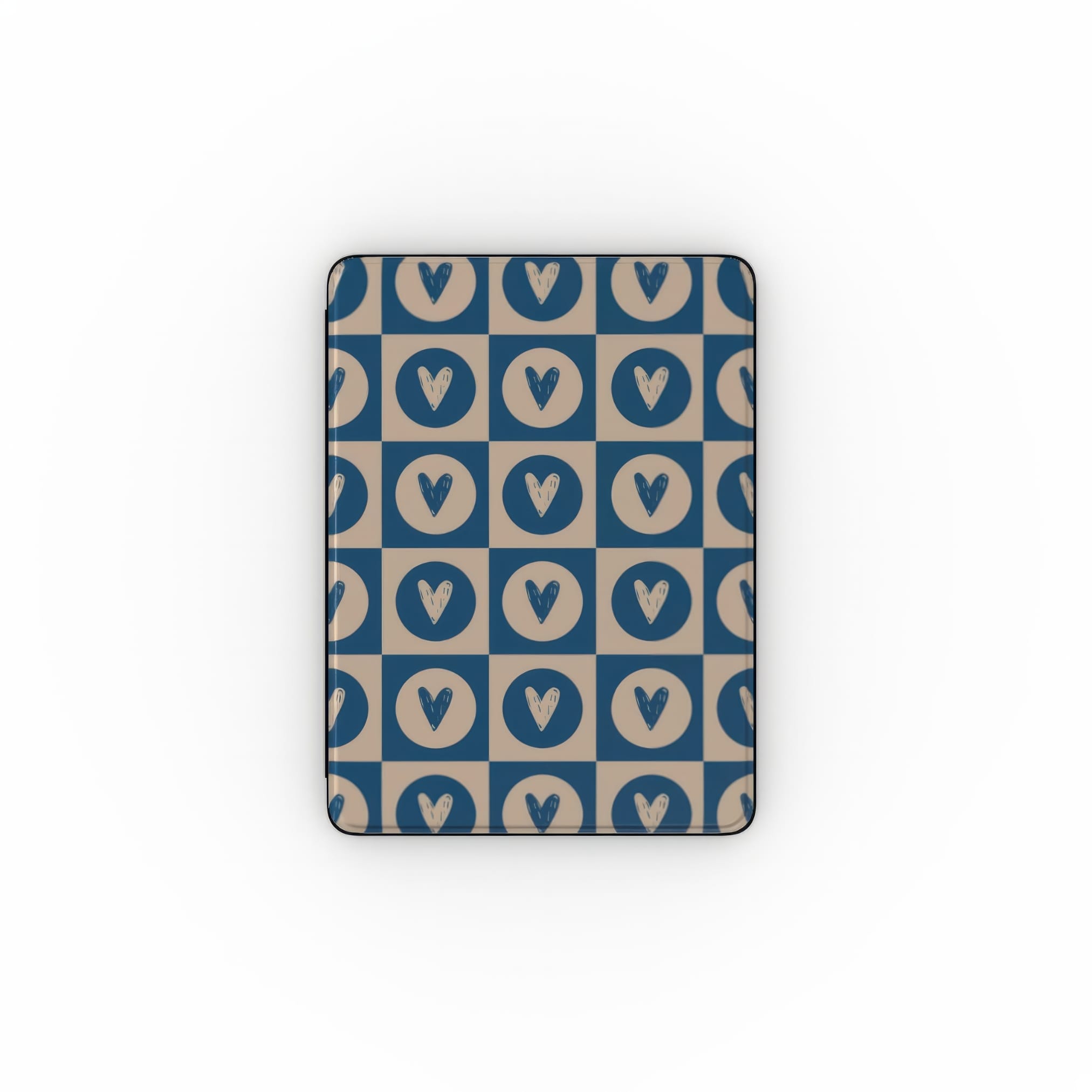 iPad case LovDot Blue pattern design with a dynamic geometric symmetry in heart and dot style, featuring an elegant and expressive aesthetic design. Main colors are steel blue and light brown. Front view.