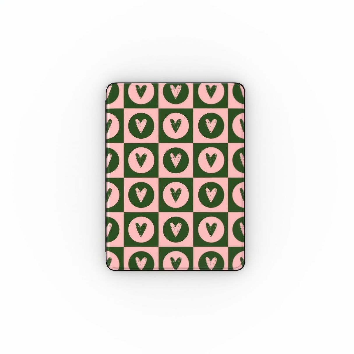 iPad case LovDot Vintage Rose pattern design with a dynamic geometric symmetry in heart and dot style, featuring an elegant and expressive aesthetic design. Main colors are vintage pink and green. Front view.