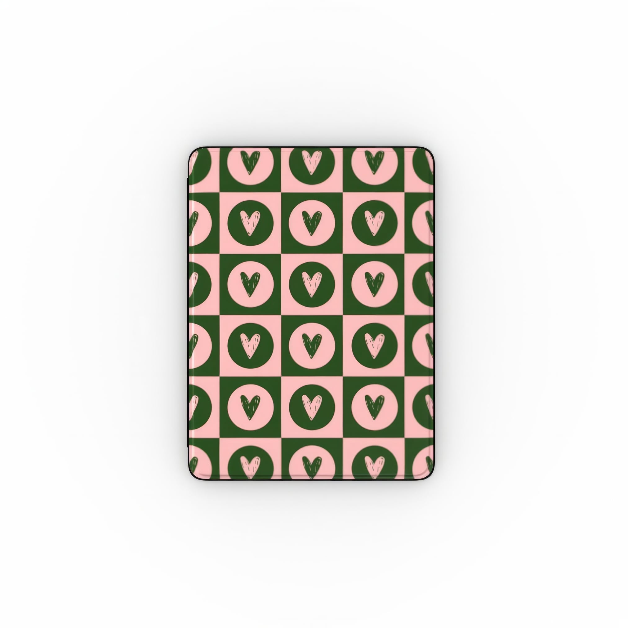 iPad case LovDot Vintage Rose pattern design with a dynamic geometric symmetry in heart and dot style, featuring an elegant and expressive aesthetic design. Main colors are vintage pink and green. Front view.