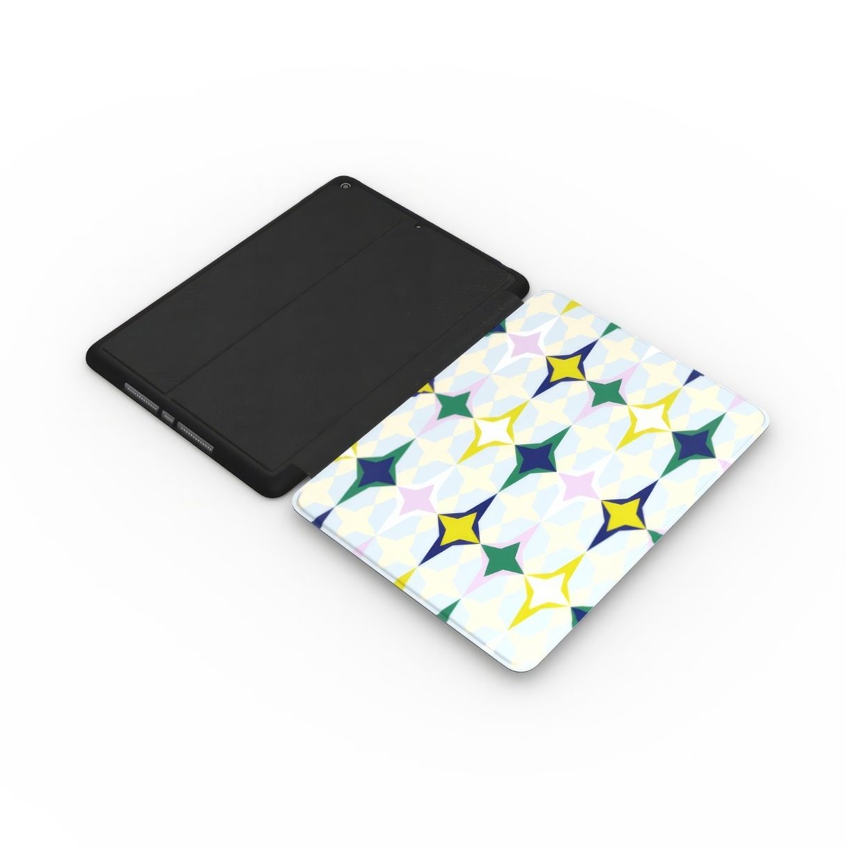 iPad case Magic Winter pattern design with a dynamic geometric symmetry in geometric style, featuring an elegant and expressive aesthetic design. Main colors are divine blue, yellow, green and deep blue. Extend view.