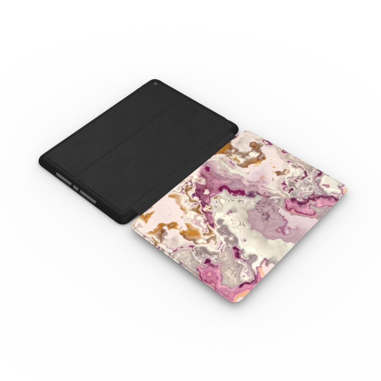 iPad case extend view; Marshmallow pattern, artistic, abstract marble pattern. Pink and beige color combination. Bold expressive aesthetic design. Colorful and interior fit.
