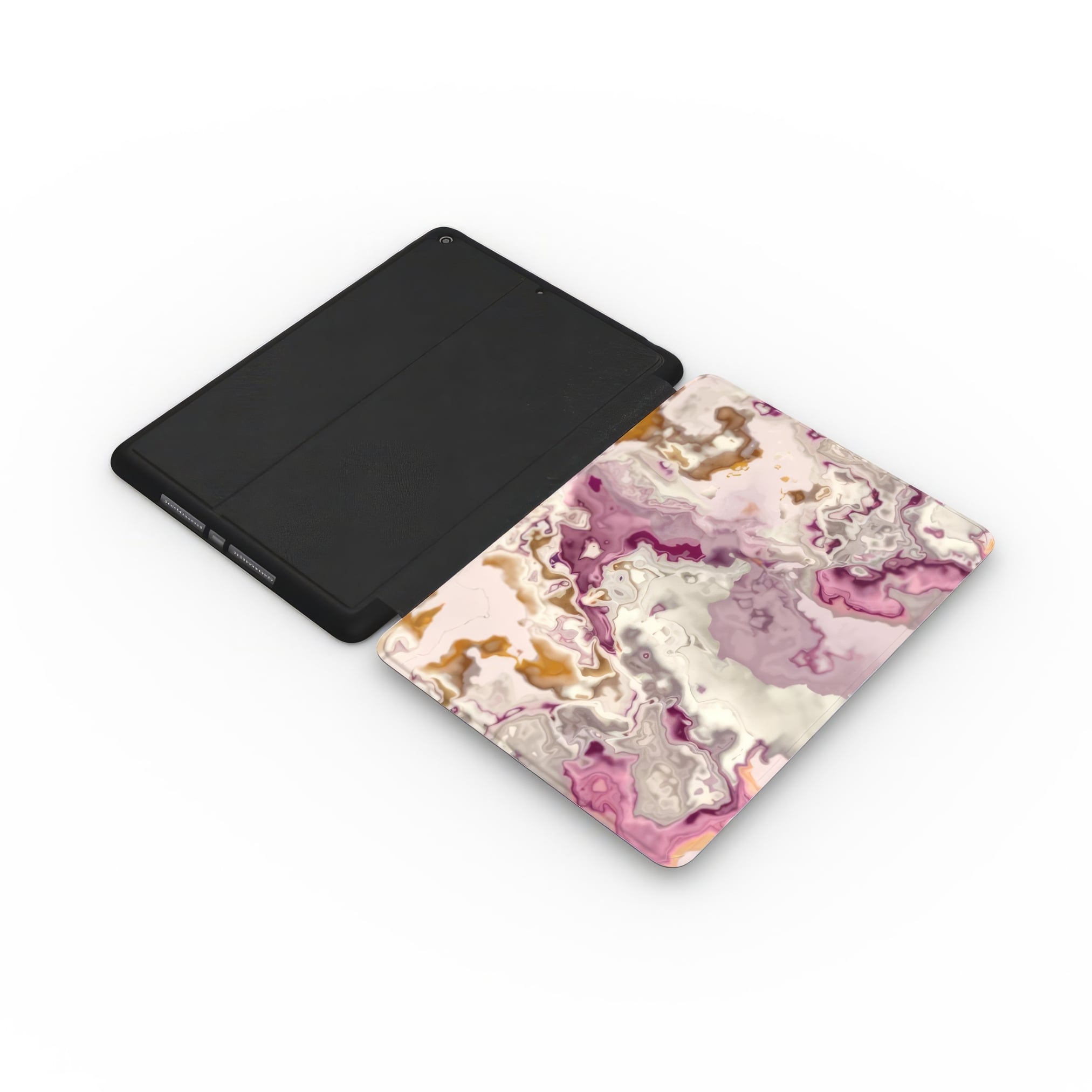 iPad case extend view; Marshmallow pattern, artistic, abstract marble pattern. Pink and beige color combination. 