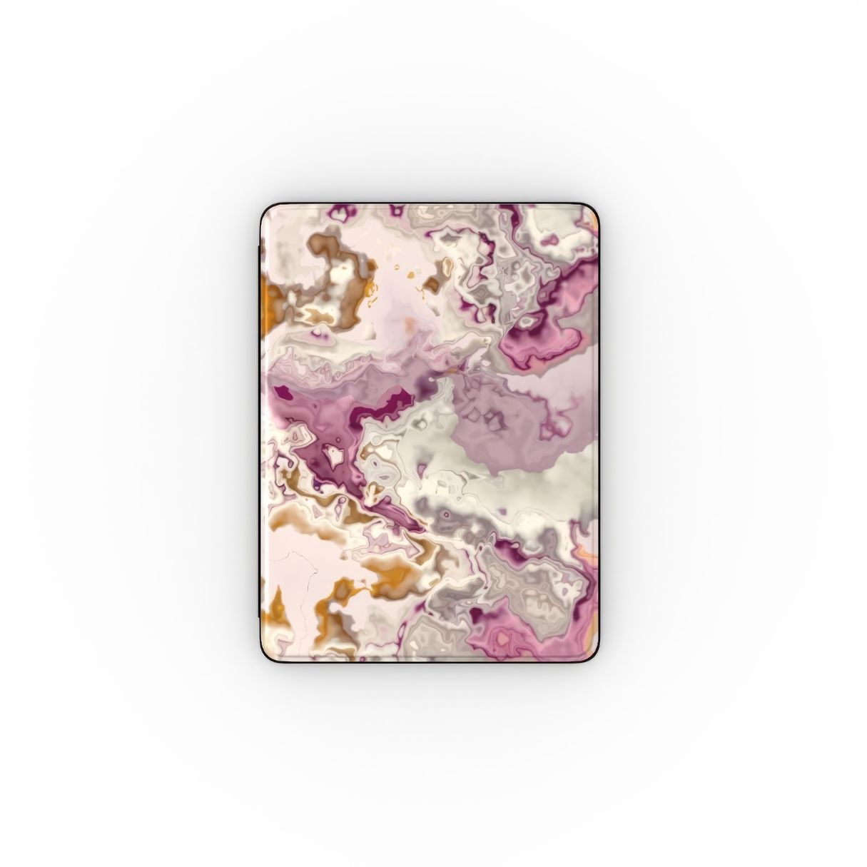 iPad case front view; Marshmallow pattern, artistic, abstract marble pattern. Pink and beige color combination. Bold expressive aesthetic design. Colorful and interior fit.