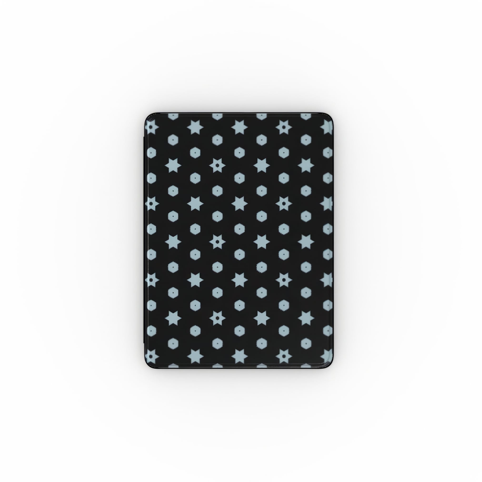 iPad case front view; midnight stars 1 pattern, ornamental pattern; kaleidoscope pattern imagination. Bold expressive aesthetic design.