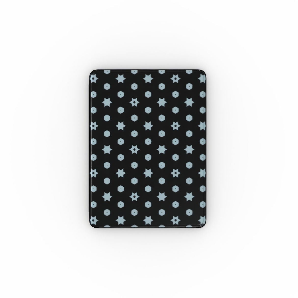 iPad case front view; Midnight Stars pattern, ornamental pattern; kaleidoscope pattern imagination. Bold expressive aesthetic design.