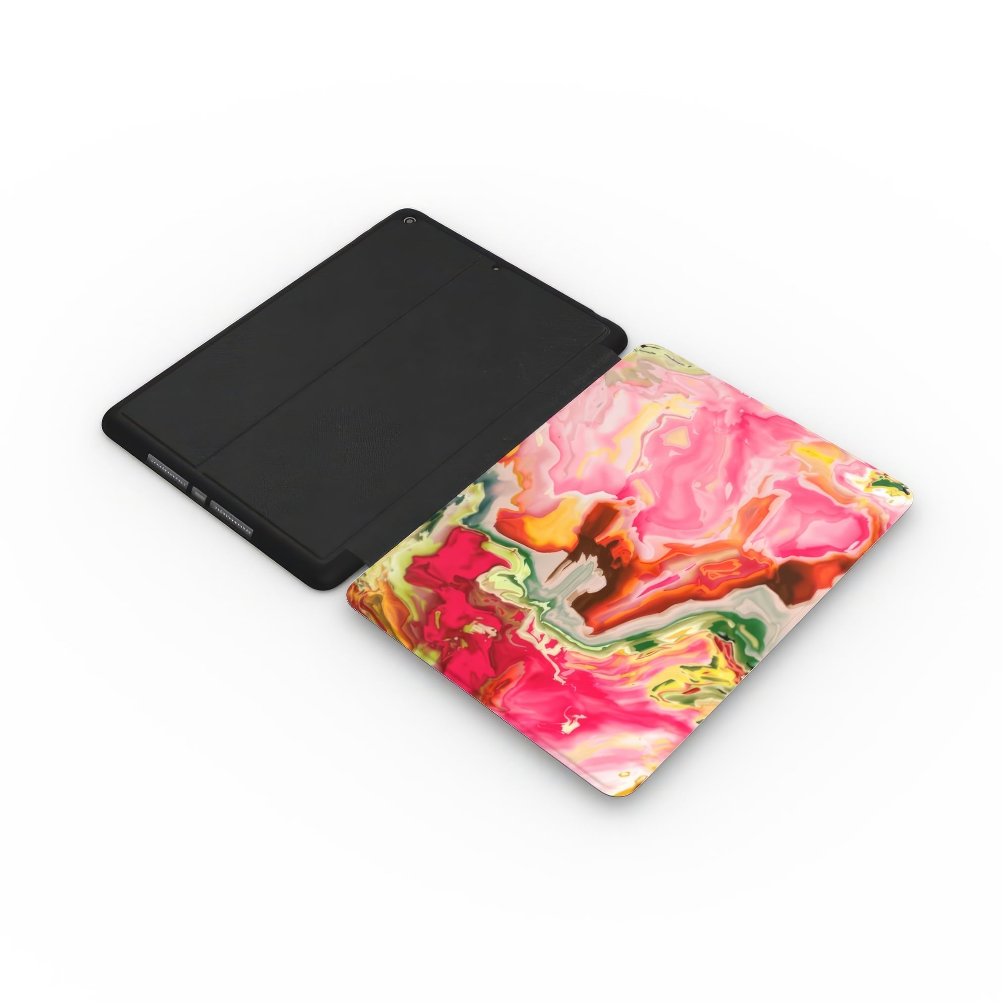 iPad case extend view; Neon Pink pattern, artistic, abstract marble pattern. Electric Pink color.