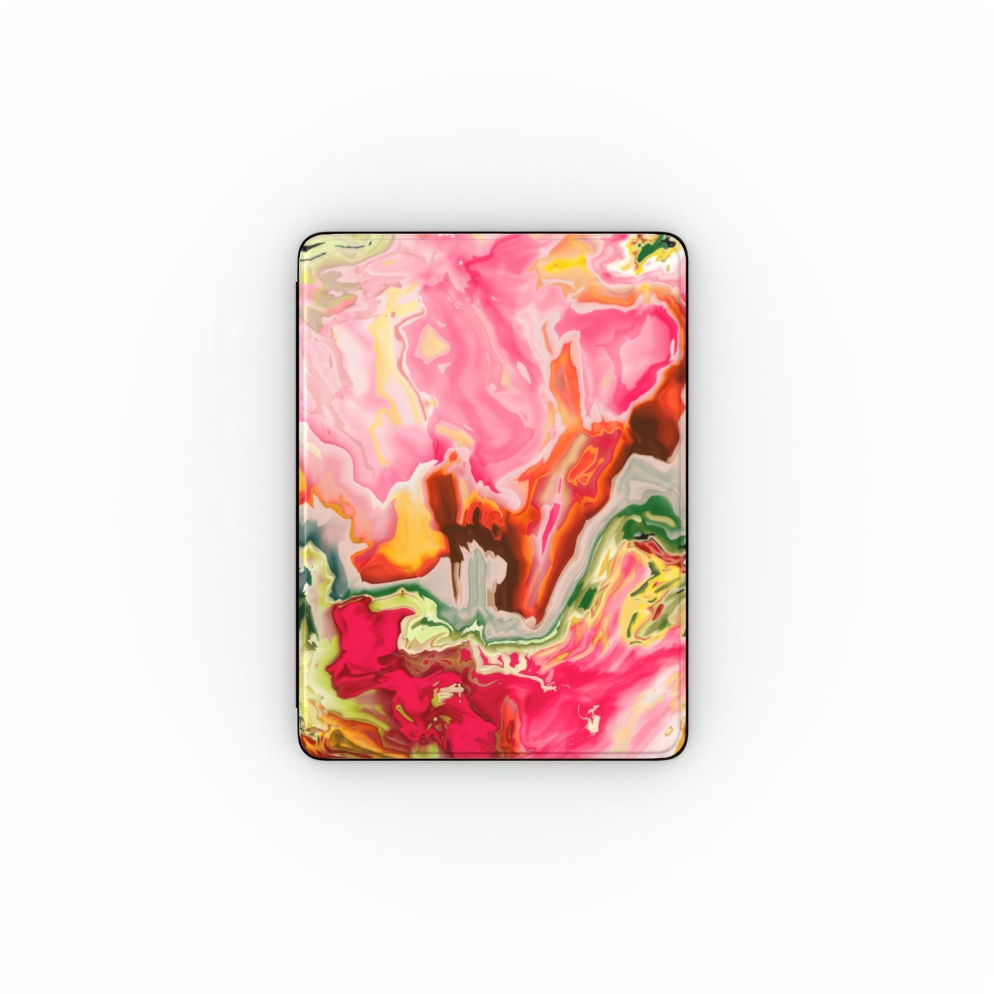 iPad case front view; Neon Pink pattern, artistic, abstract marble pattern. Electric Pink color. Bold expressive aesthetic design. Colorful and interior fit.