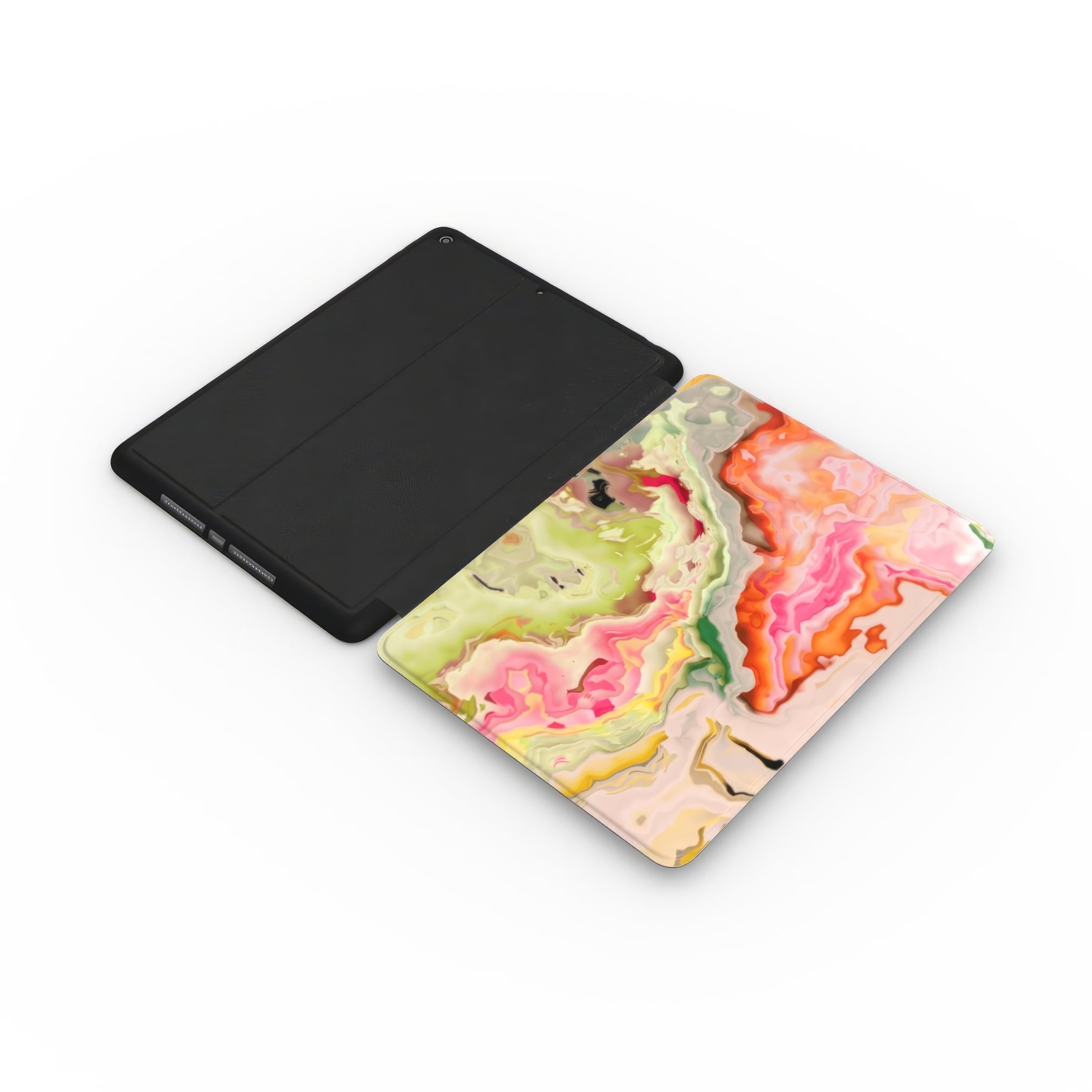 iPad case extend side view; Neon Pink pattern, artistic, abstract marble pattern. Electric Pink color.