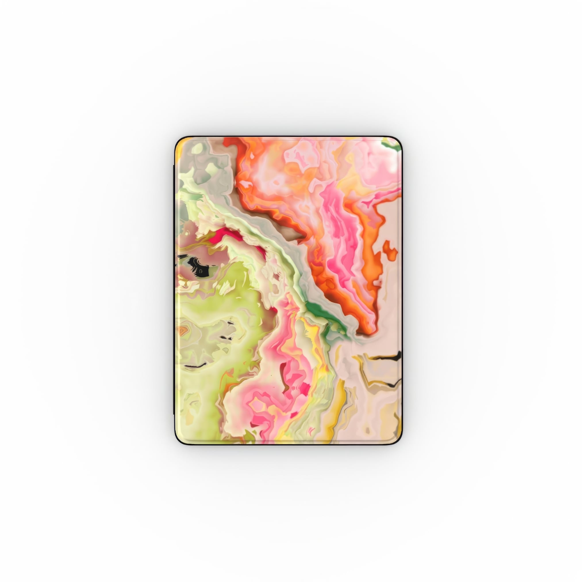 iPad case front view; Neon Pink pattern, artistic, abstract marble pattern. Electric Pink color. Bold expressive aesthetic design. Colorful and interior fit.