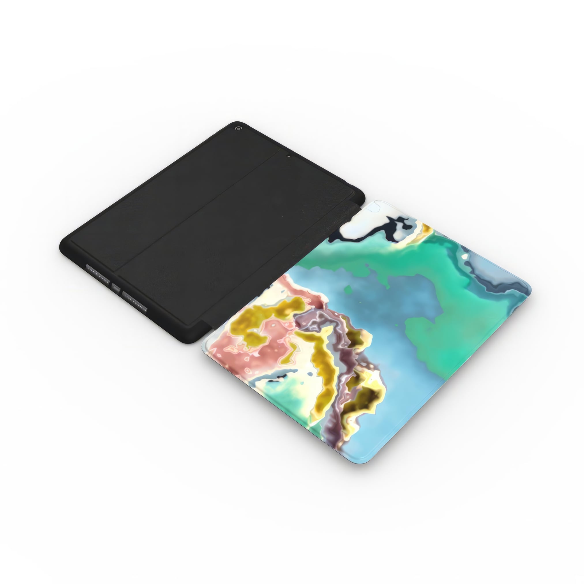 iPad case with a bold vivid pattern Oceans Breath 1 in marble abstract and artistic style, featuring an elegant and expressive aesthetic design. Main colors are blue and green. Extend view.