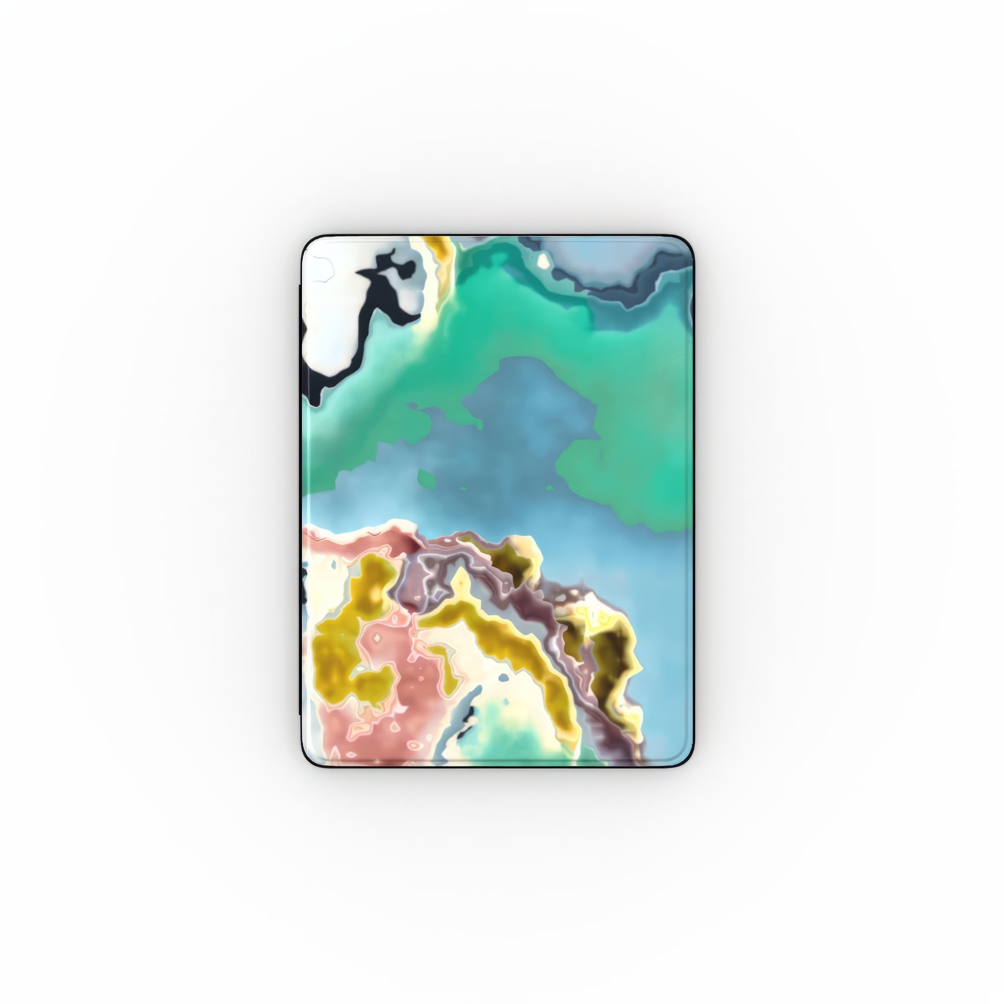 iPad case with a bold vivid pattern Oceans Breath 1 in marble abstract and artistic style, featuring an elegant and expressive aesthetic design. Main colors are blue and green. Closed view.