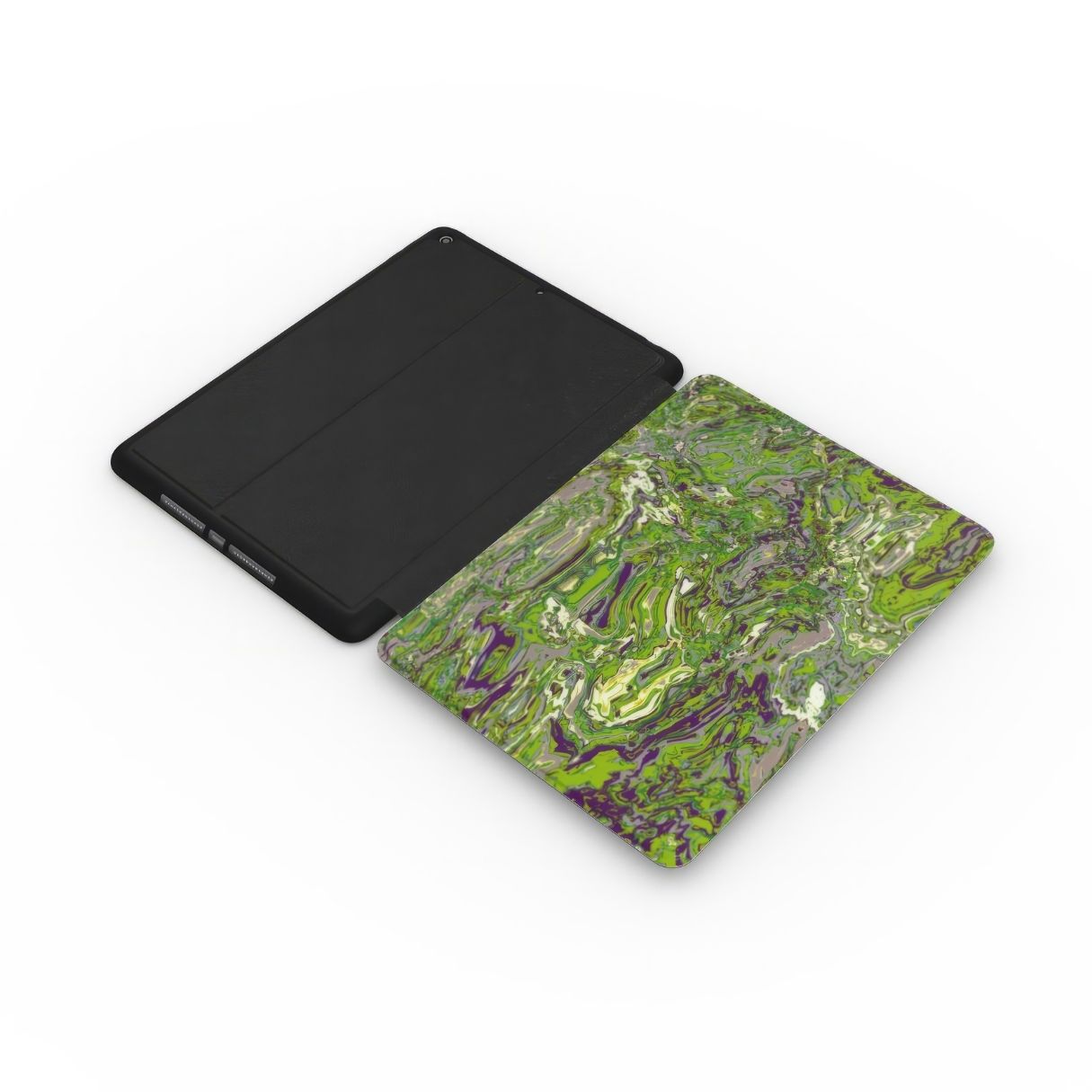iPad case with a bold vivid pattern Olive Smash abstract and artistic style, featuring an elegant and expressive aesthetic design. Main colors are olive green and purple hues. Extend view.