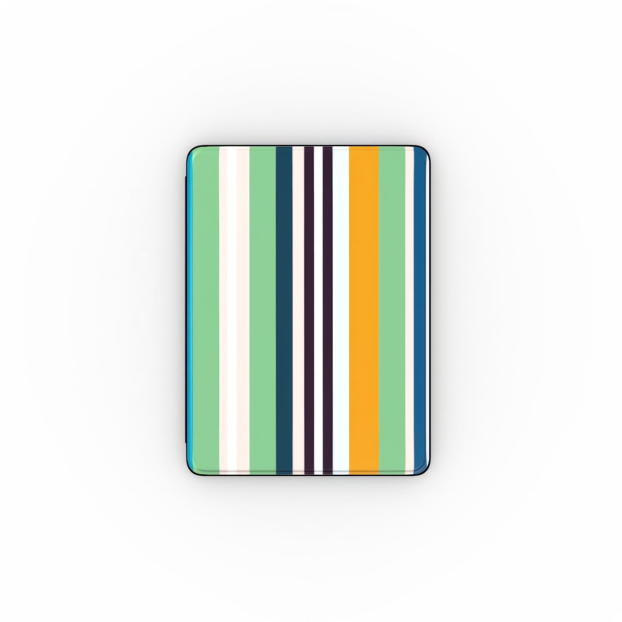 iPad case Parallel Flow 1 pattern with tiny color stripes, featuring an elegant and expressive aesthetic design. Main colors are minty sage, powder pink, navy blue, orange. Front view.