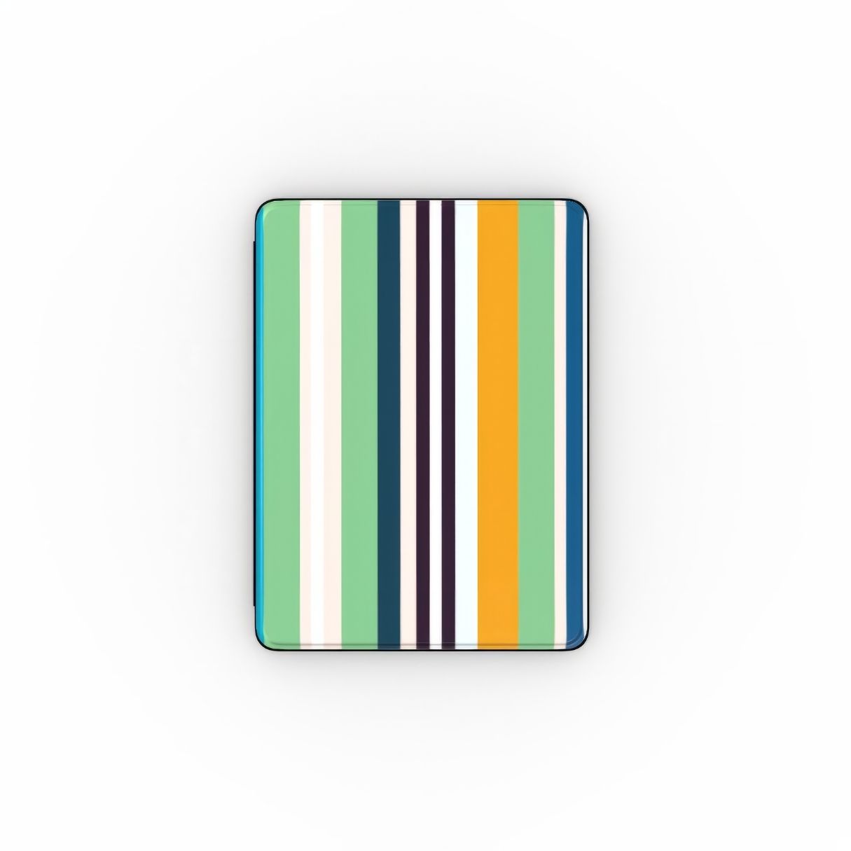 iPad case Parallel Flow Mint pattern with tiny color stripes, featuring an elegant and expressive aesthetic design. Main colors are minty sage, powder pink, navy blue, orange. Front view.