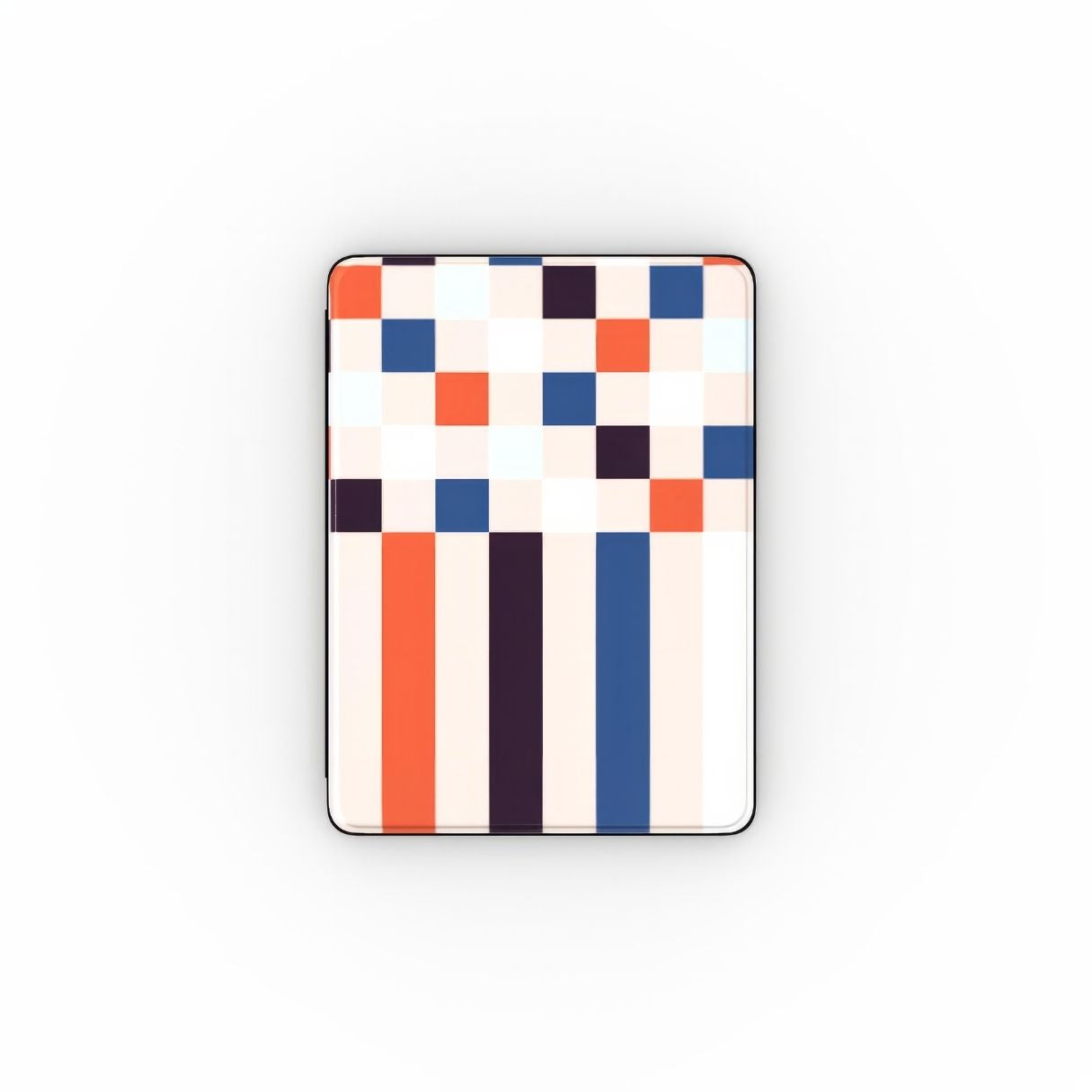 iPad case Pixel Grid Blue pattern design with a bold color blocks in pixel and stripes modern style, featuring an elegant and expressive aesthetic design. Main colors are pink, navy, orange red and light sky blue. Front view.