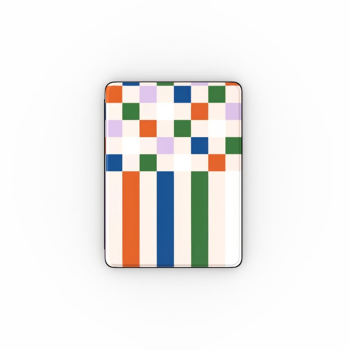 iPad case Pixel Grid Multi pattern design with a bold color blocks in pixel and stripes modern style, featuring an elegant and expressive aesthetic design. Main colors are rich orange, blue, lilac and green. Front view.