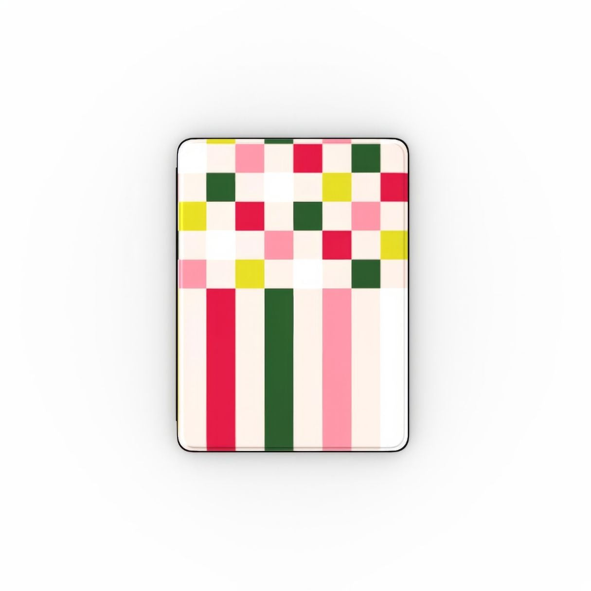 iPad case Pixel Grid Pink pattern design with a bold color blocks in pixel and stripes modern style, featuring an elegant and expressive aesthetic design. Main colors are rich red, pink yellow and green. Front view.