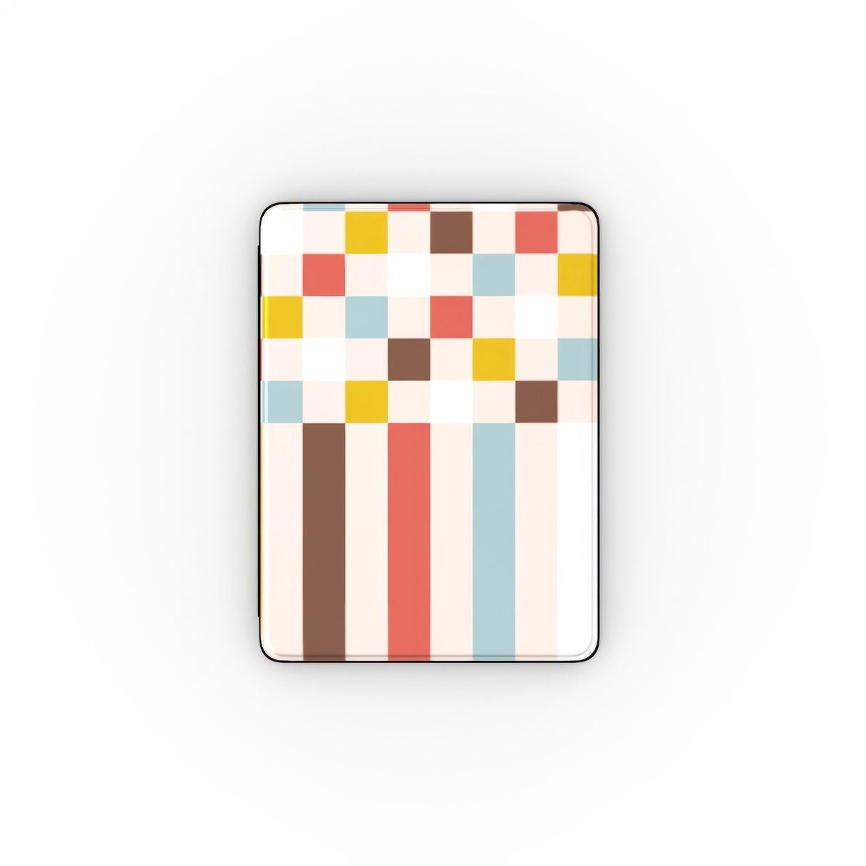 iPad case Pixel Grid Vintage pattern design with a bold color blocks in pixel and stripes modern style, featuring an elegant and expressive aesthetic design. Main colors are pastel with pink, brown, muted red and light sky blue. Front view.