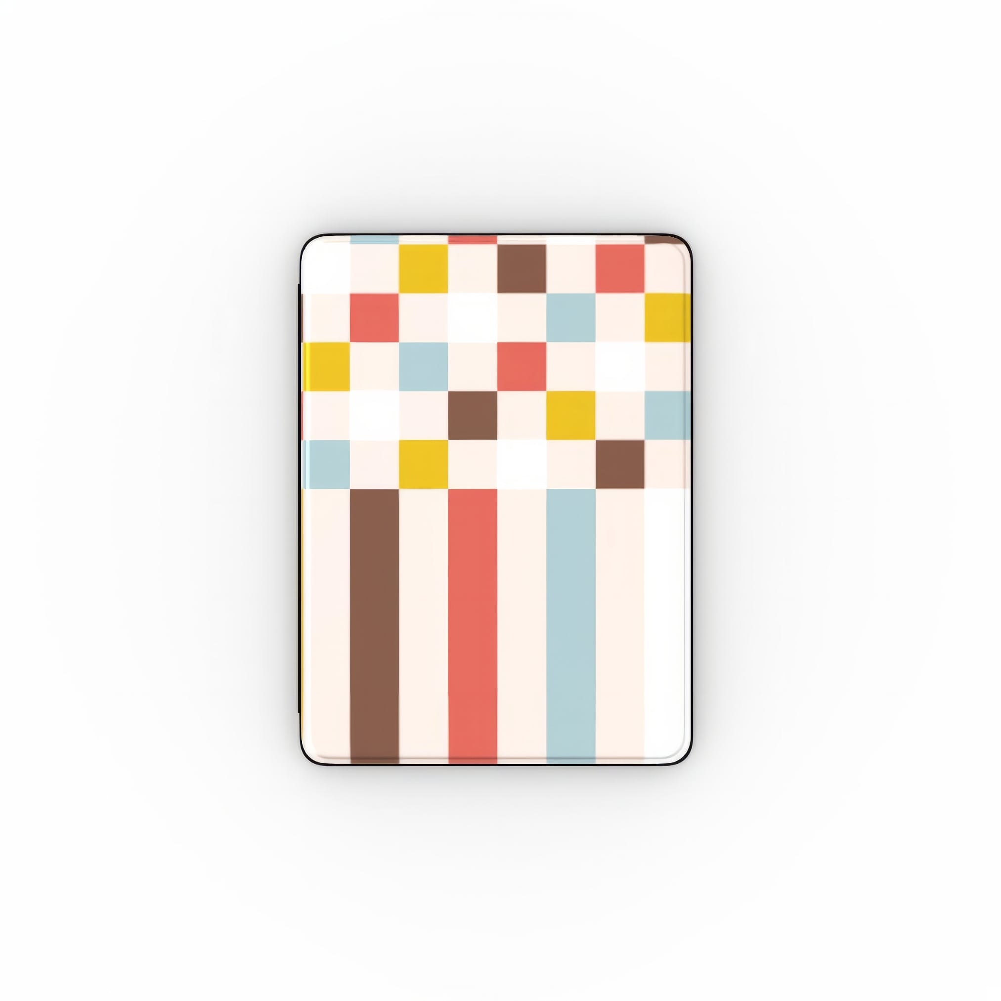 iPad case Pixel Grid Vintage pattern design with a bold color blocks in pixel and stripes modern style, featuring an elegant and expressive aesthetic design. Main colors are pastel with pink, brown, muted red and light sky blue. Front view.