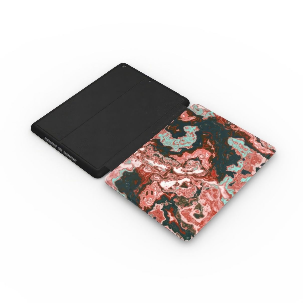 iPad case extend view; Red Coffee pattern, artistic, abstract marble pattern. Red and light blue color combination.