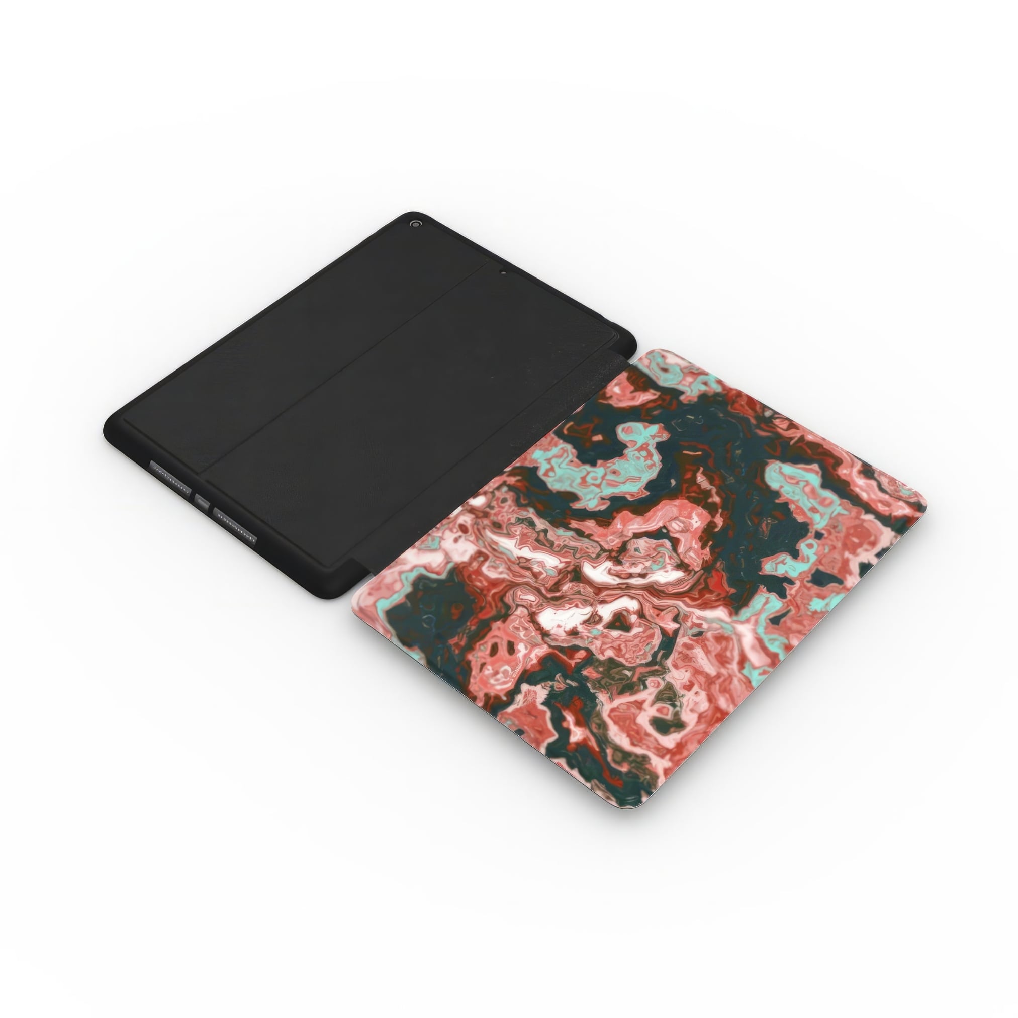 Tough AirPods Max case extend view; Red Coffee pattern, artistic, abstract marble pattern. Red and light blue color combination.