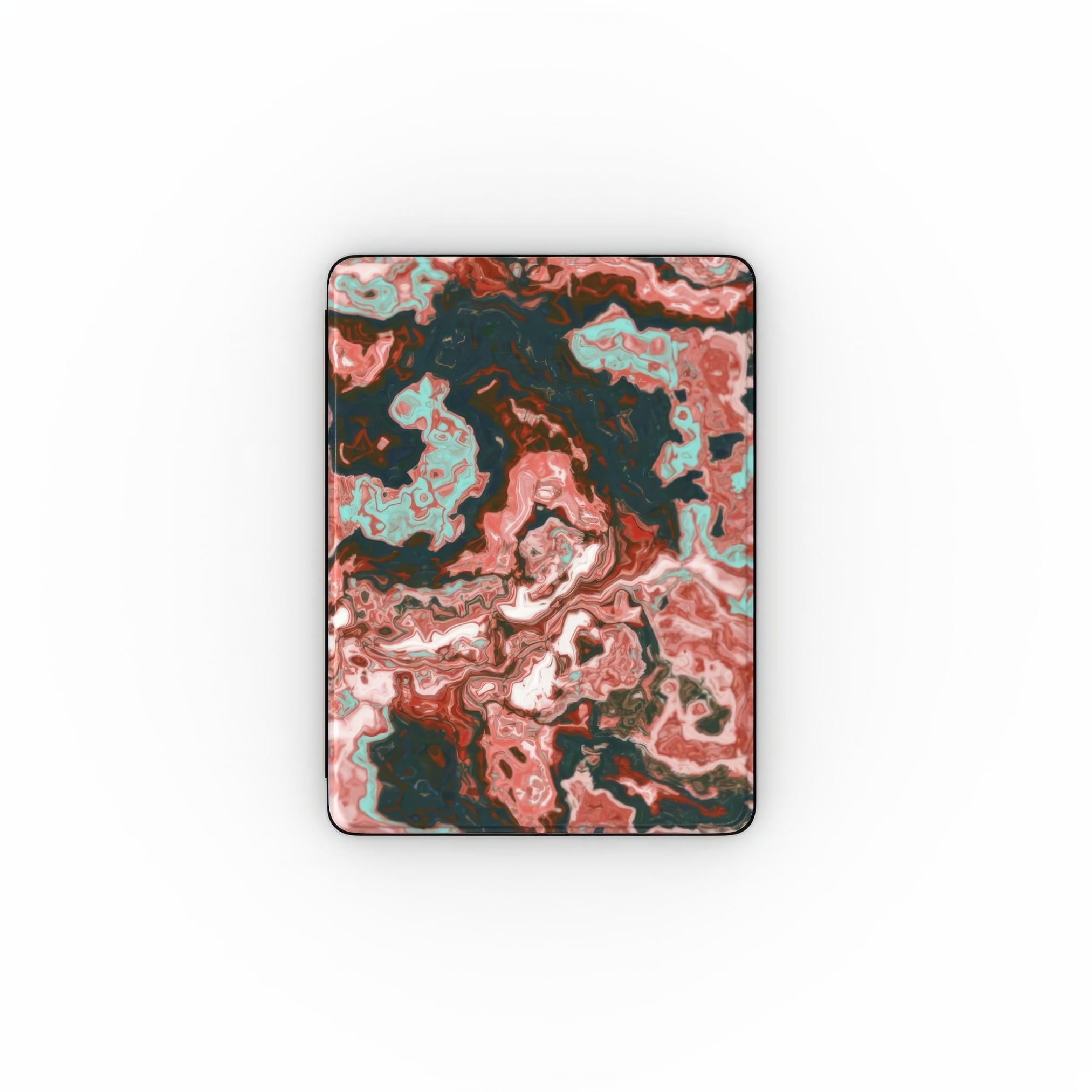 Tough AirPods Max case front view; Red Coffee pattern, artistic, abstract marble pattern. Red and light blue color combination. Bold expressive aesthetic design. Colorful and interior fit.