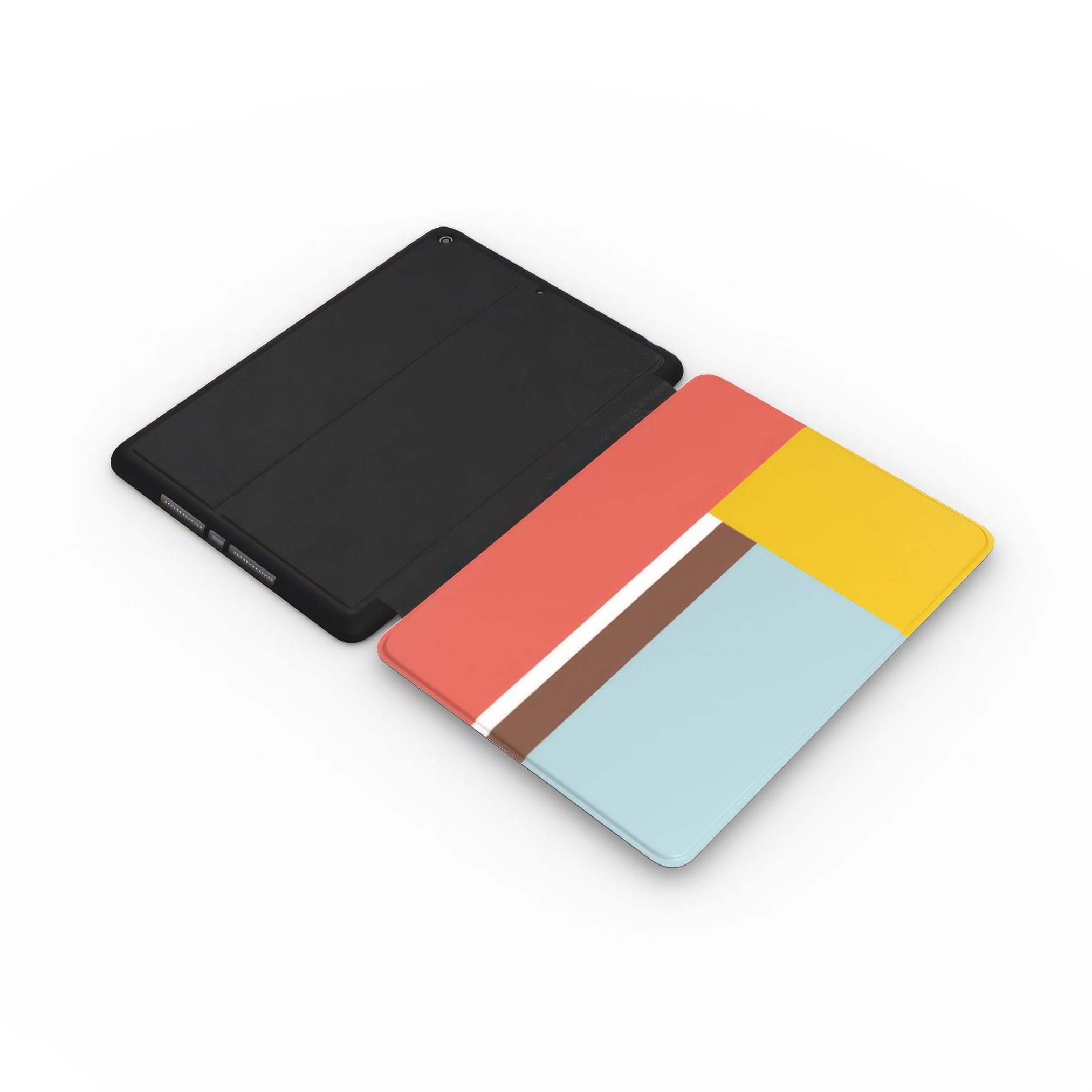 iPad case Retro Stripes Red pattern design with a bold color blocks in vintage, mid century modern style, featuring an elegant and expressive aesthetic design. Main colors are yellow, muted red and light blue. Extend view.