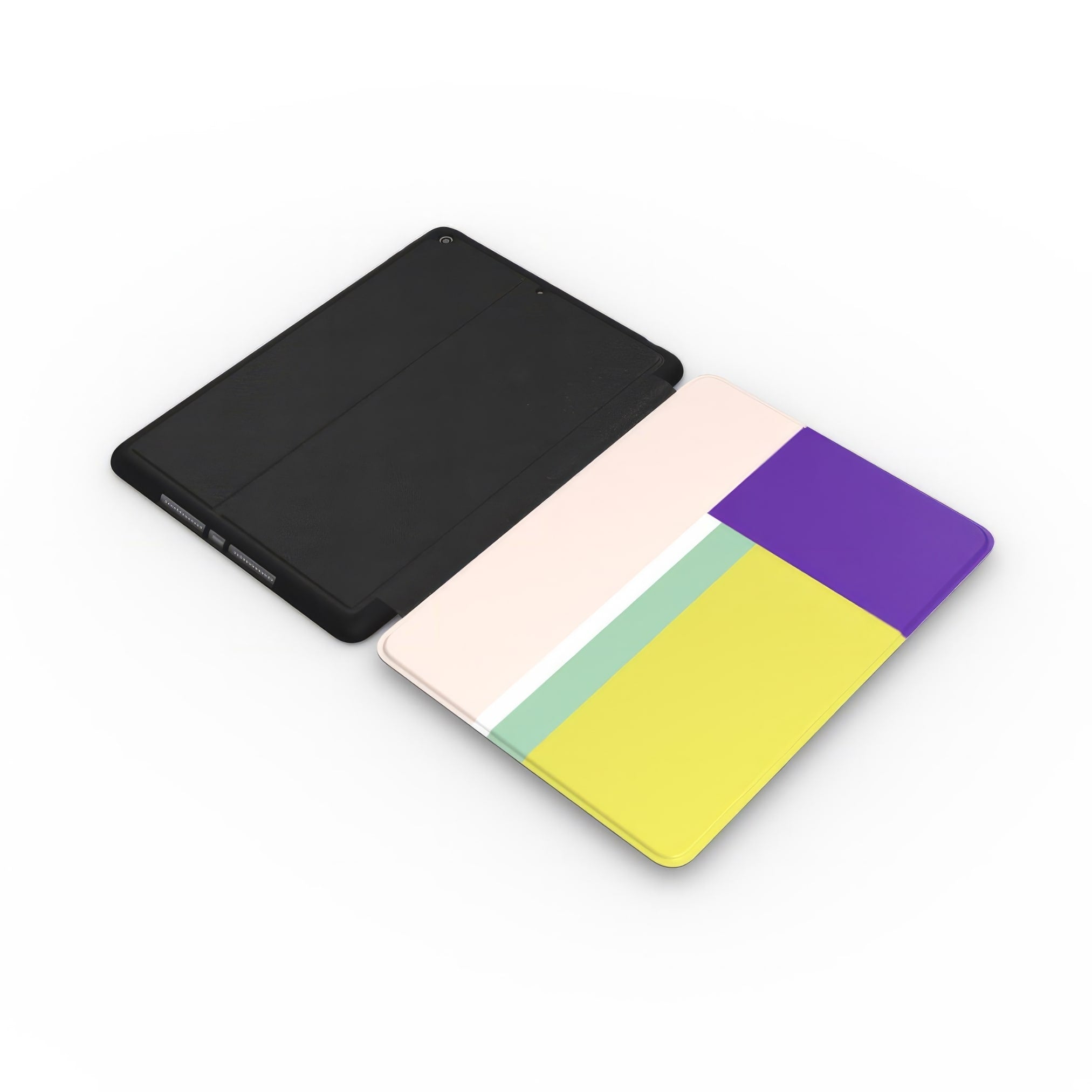 iPad case Retro Stripes Yellow pattern design with a bold color blocks in vintage, mid century modern style, featuring an elegant and expressive aesthetic design. Main colors are mustard yellow, purple and light pink. Extend view.