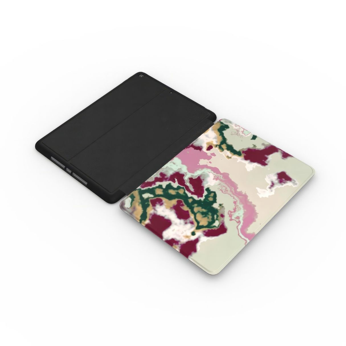 iPad case extend side view; Sandscape Dream Burgundy pattern, artistic, abstract pattern. Beige, green and bordeaux  colors.