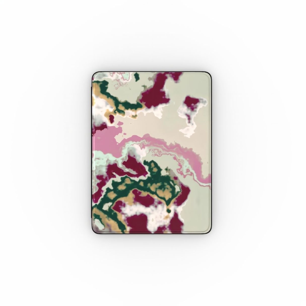 iPad case front view; Sandscape Dream Burgundy pattern, artistic, abstract pattern. Beige, green and bordeaux  colors. Bold expressive aesthetic design. Colorful and interior fit.