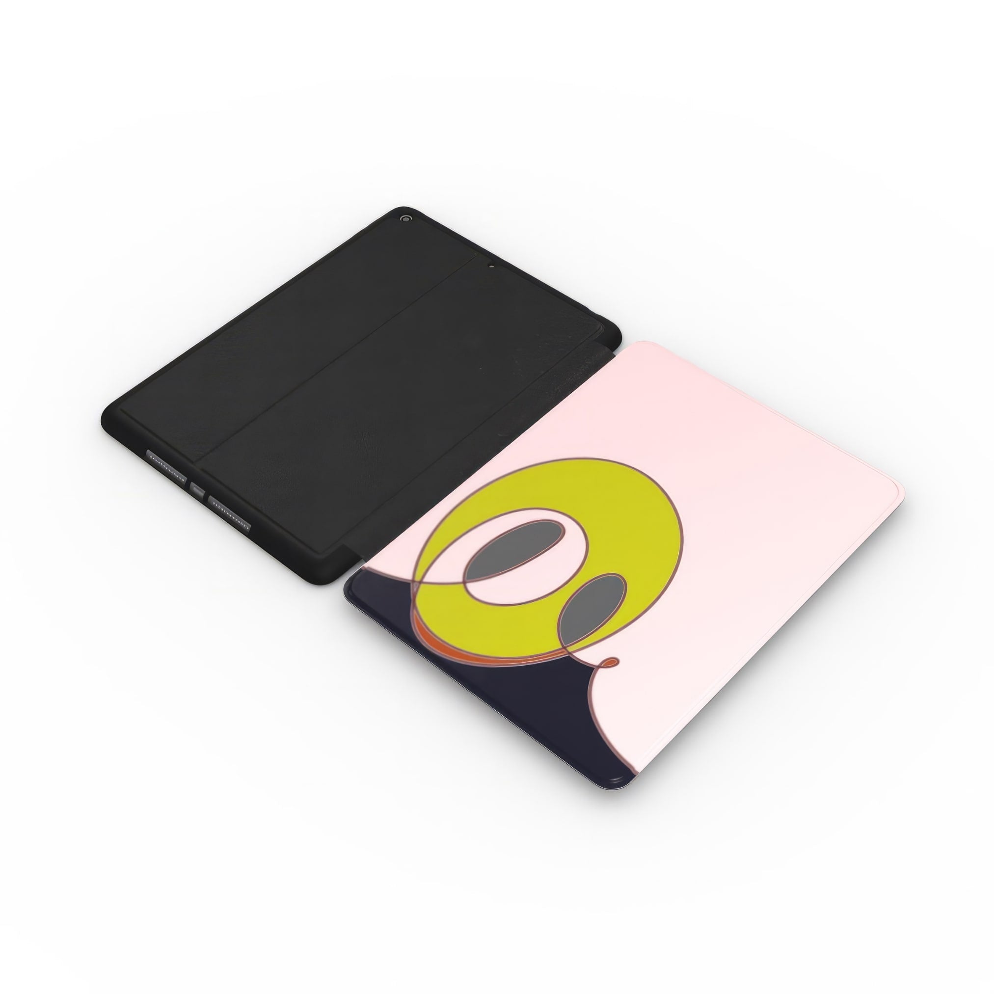 Apple iPad case Smile 1 pattern design with a playful, bold expression of joy captured in abstract form, featuring an elegant and expressive aesthetic design. Main colors are pink and mustard yellow. Extend view.
